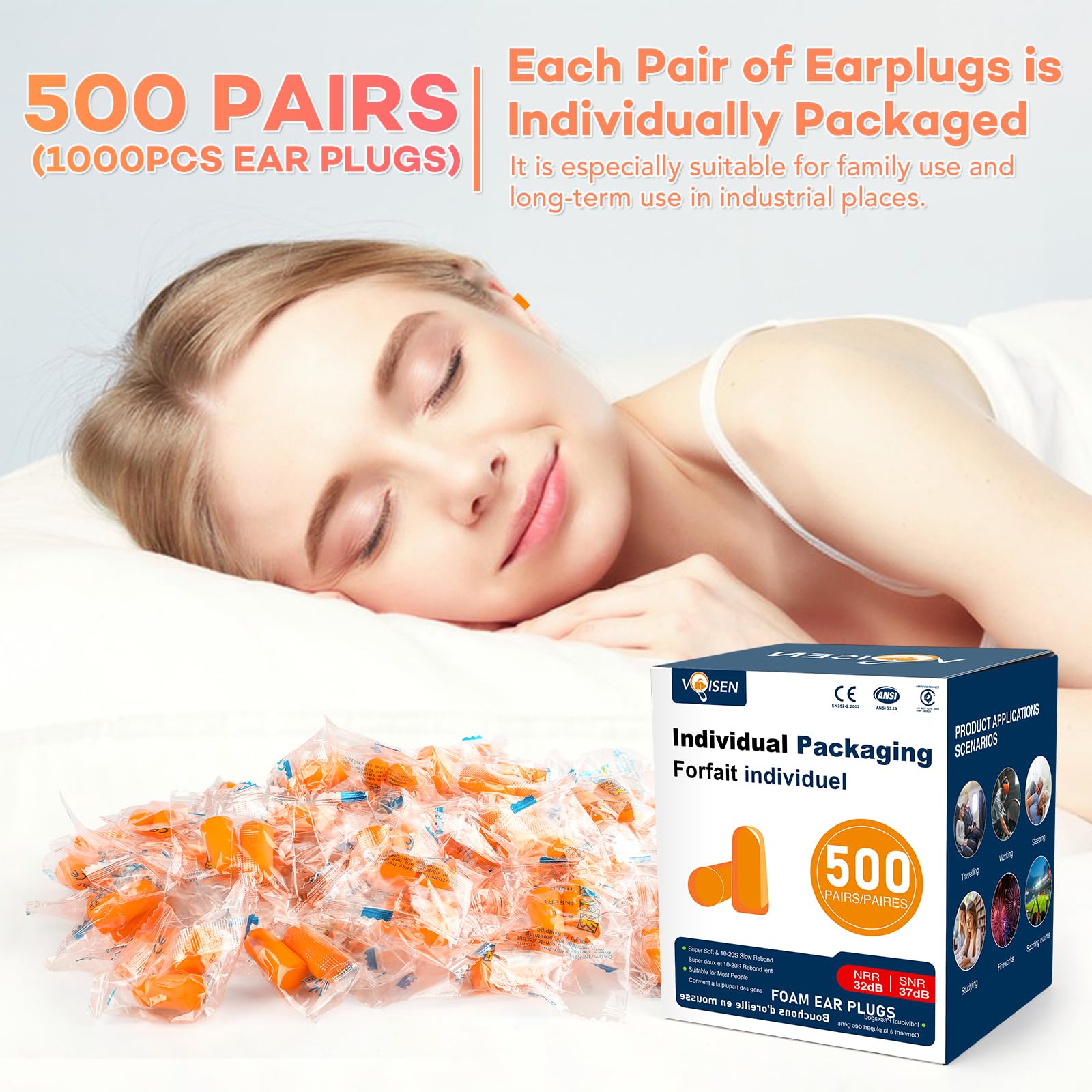 VOISEN Ohrstöpsel, 500 Paar, Ohrstöpsel zum Schlafen, 32 dB NRR 37 dB SNR, Geräuschunterdrückung für Schnarchen, Lernen, laute Veranstaltungen, Reisen und Konzerte, Einzelpaket
