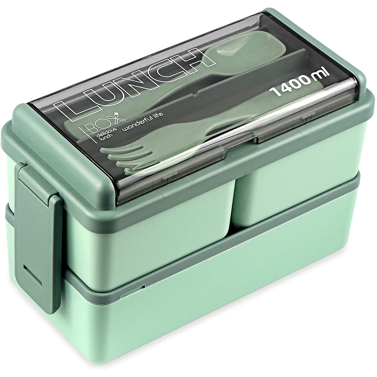 ArabestBento Box, 1400ml Double Layer Square Portable Adult Lunch Box Containers, Durable Leak Proof Microwavable Sandwich Box, Leakproof Food Storage Set for School, Work, Picnic (Green)