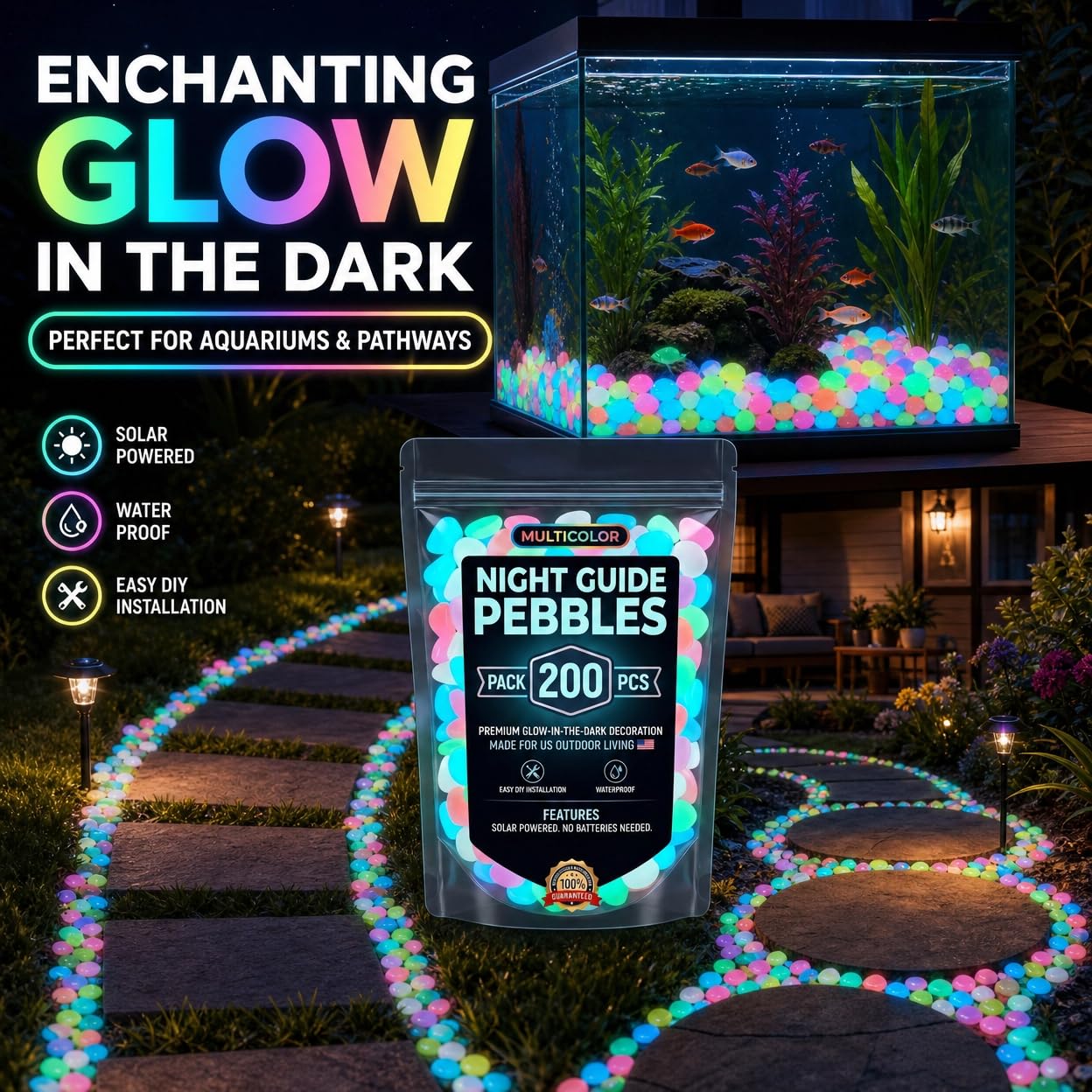 200 Pcs Glow in the Dark Rocks, DIY Stepping Stone Kit,1cm Mini Multi-Resin Colored Luminous Stones for Aquarium Rocks, Glowing Rocks for Fish Tank, Garden Walkway and Yard Landscaping