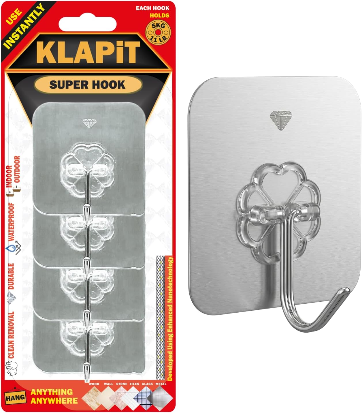 KLAPiT Super Hook - Heavy-Duty Adhesive Wall Hooks, Holds Up to 11 lbs, Waterproof, No Damage, Easy Install on Tile, Wood, Stone, Glass & Metal - Made of Steel (Silver, 4pc)