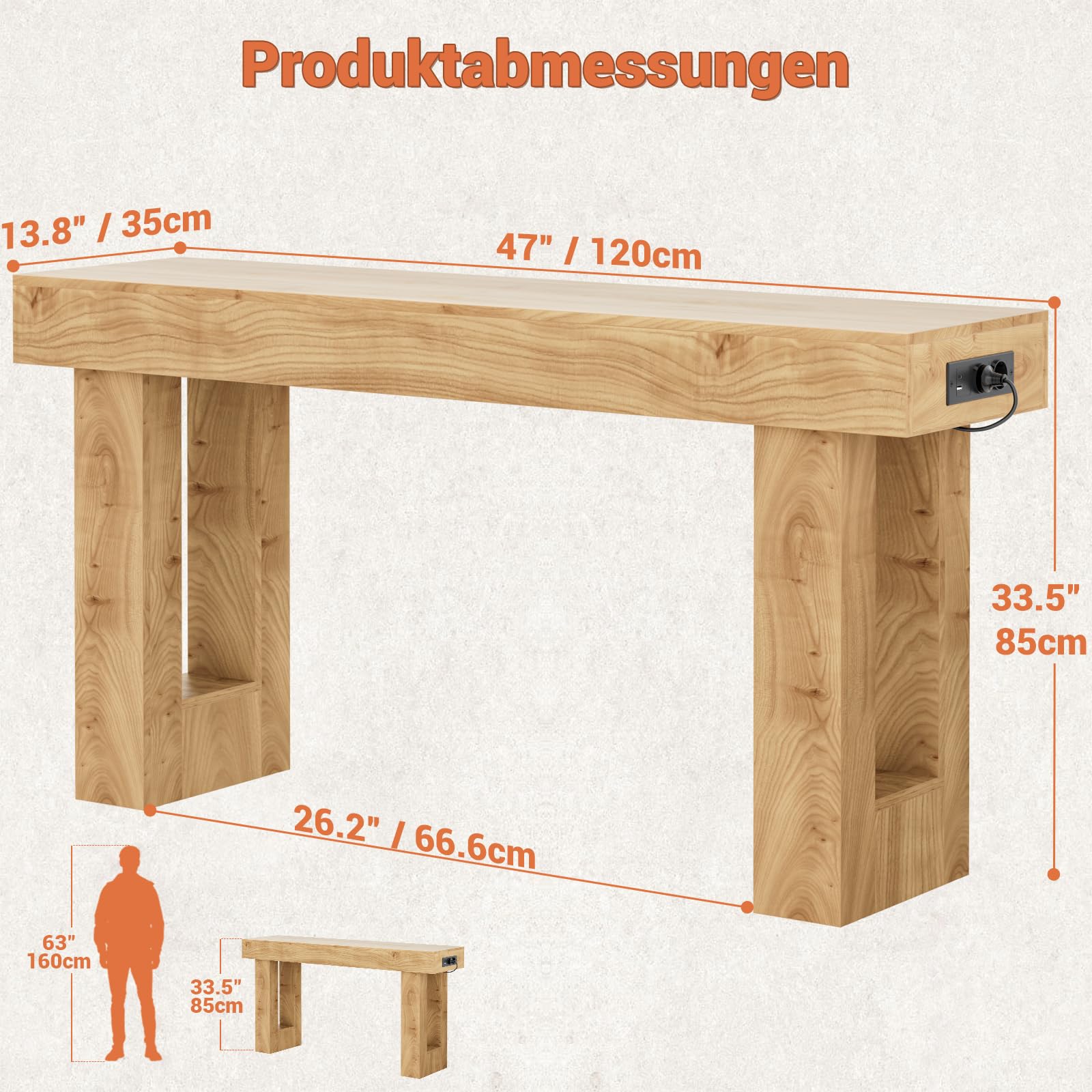 iSunirm Konsolentisch mit Steckdose, 120x35x85 cm schmaler Flurtisch mit 2 Steckdosen, 2 USB & Bewegungsmelder-Licht, Sofatisch für Flur, Wohnzimmer, hinter Sofa, Natureiche