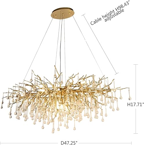 Miniatura 33 de Candelabro moderno de rama de árbol, 47.24 pulgadas, ramas de árbol de dinero, lámparas de cristal dorado, accesorios de iluminación colgantes