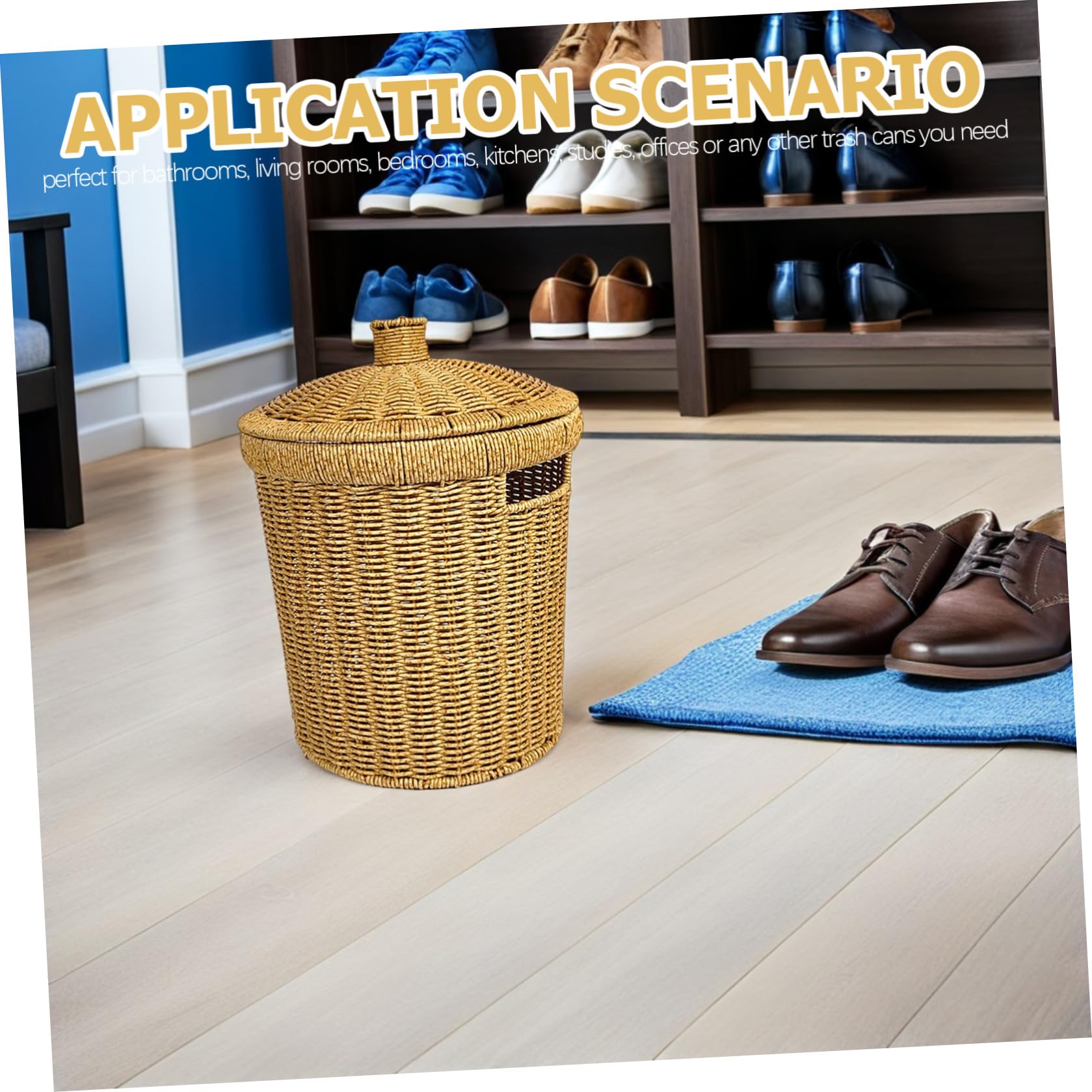 Cestino dei Rifiuti Leggero Intrecciato Rotondo con Coperchio in Pp e Struttura in Ferro e Decorativo, per Bagno e Camera