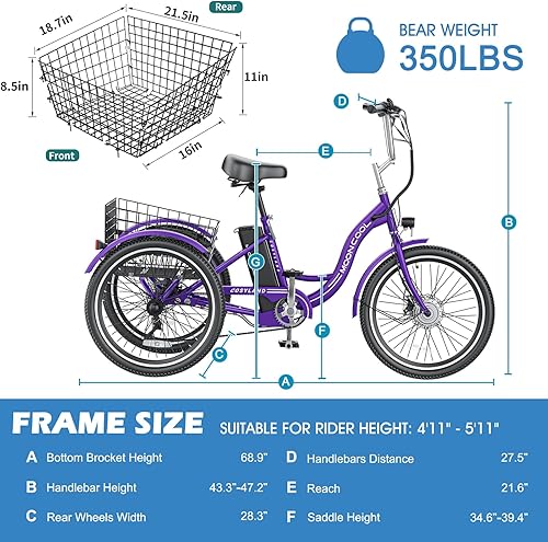 Miniatura 4 de ABORON Triciclos eléctricos de 24 pulgadas y 26 pulgadas, batería de litio de 36 V, 10 Ah y 350 W, certificado UL, E-Trike de 7 velocidades para