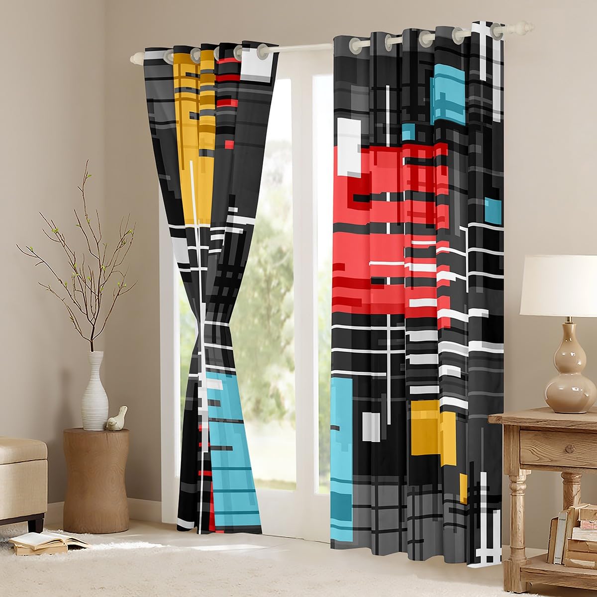 Leeva Tende Oscuranti A Motivo Geometrico – Set 2 Pannelli, 132x244 Cm Cad., Per Soggiorno E Camera Da Letto, Tessuto 100% Poliestere