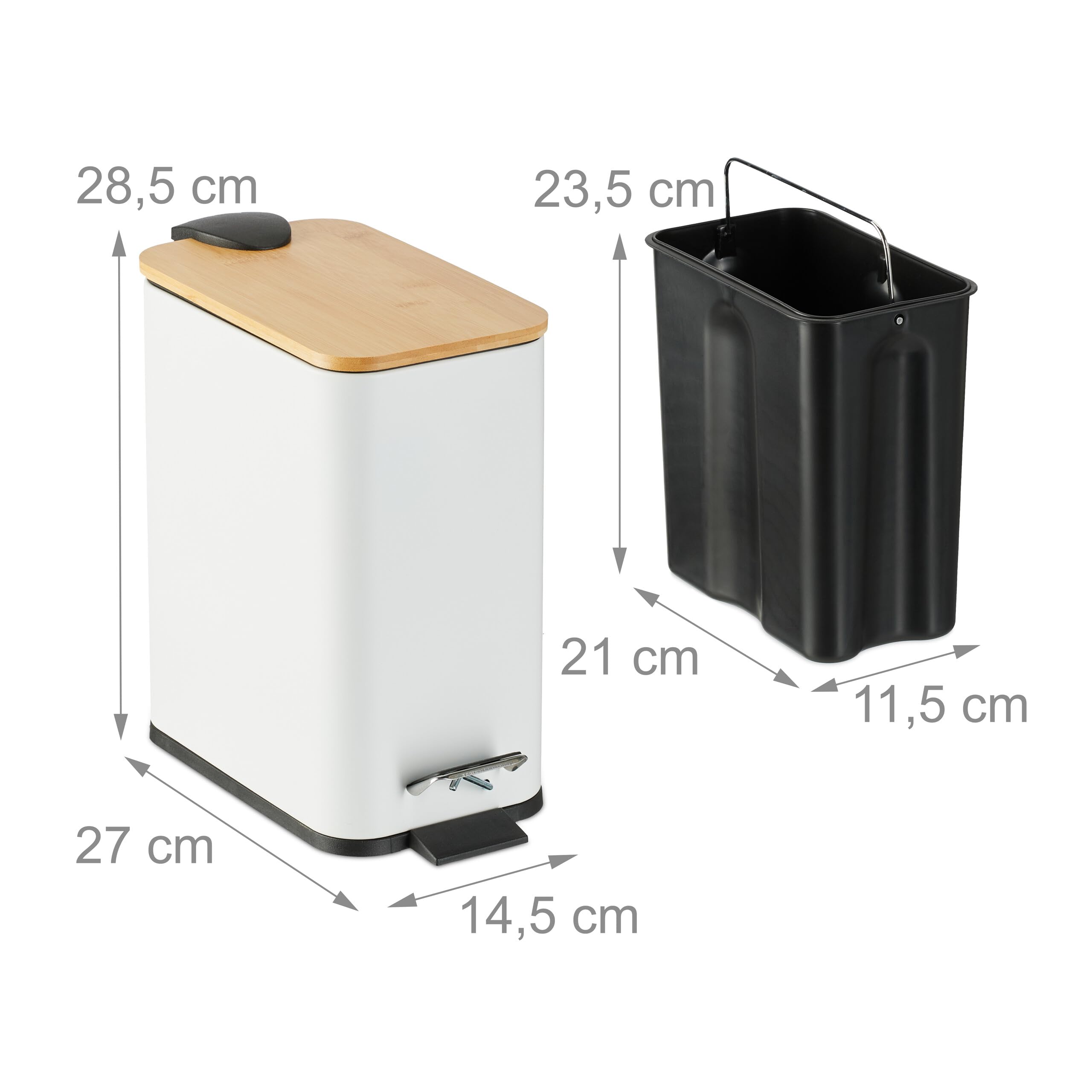 Relaxdays Poubelle de Salle de Bain, 5 litres, métallique, Seau intérieur Amovible, Couvercle en Bambou, Blanche