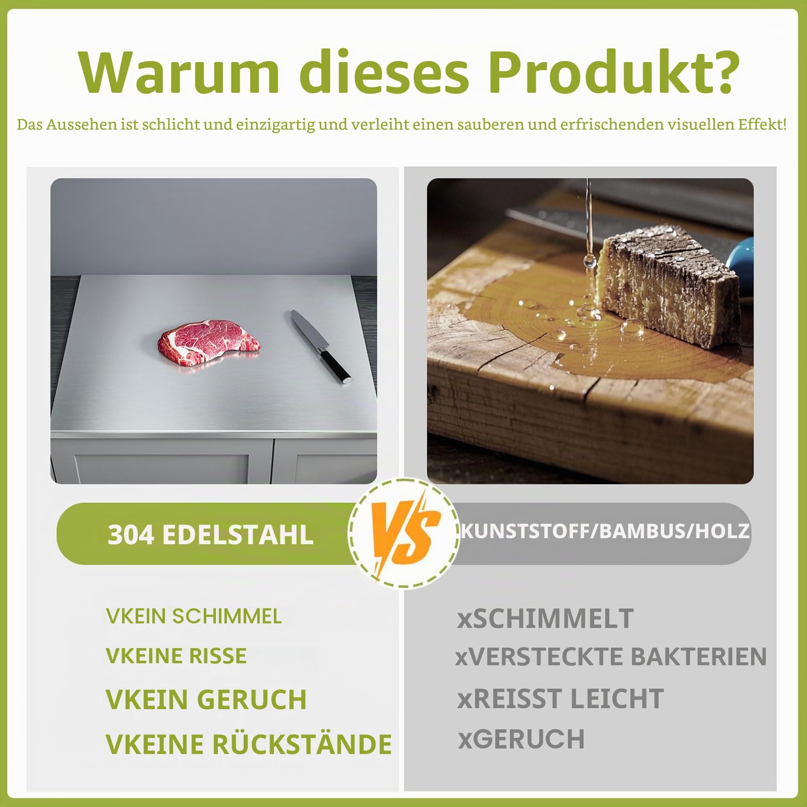 L-förmiges Schneidebrett aus 304 Edelstahl, rutschfest, Schneidebrett aus Edelstahl, strapazierfähig, für Fleisch, Käse, Gemüse, Obst, leicht zu reinigen (50 x 80 cm)