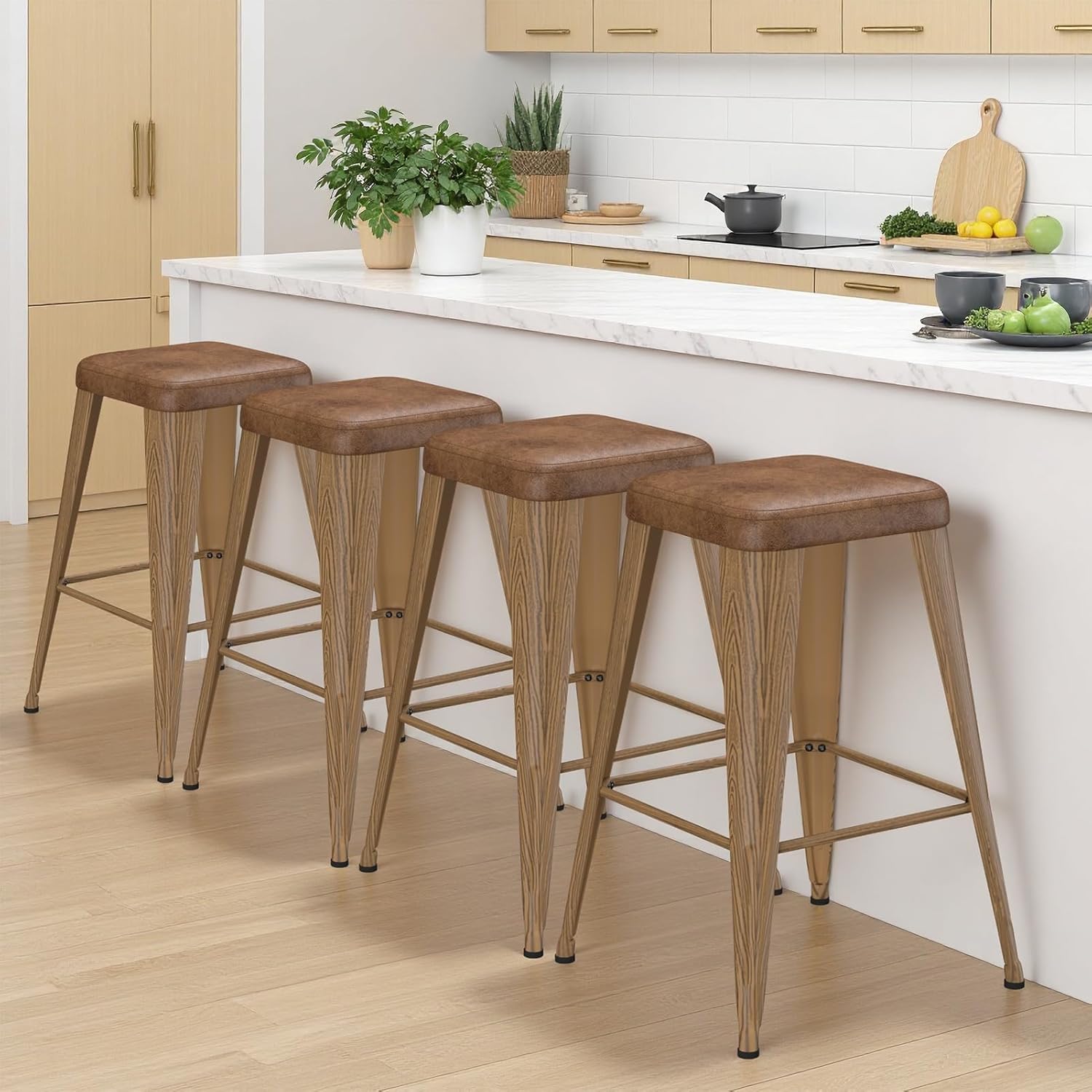 Metal Bar stools Set of 4, Upholstered Counter Height Bar Stools with Metal Legs, 26 Inch Industrial Barstools for Kitchen Island, Cafe (Camel Seat, Wood-Grain Legs)