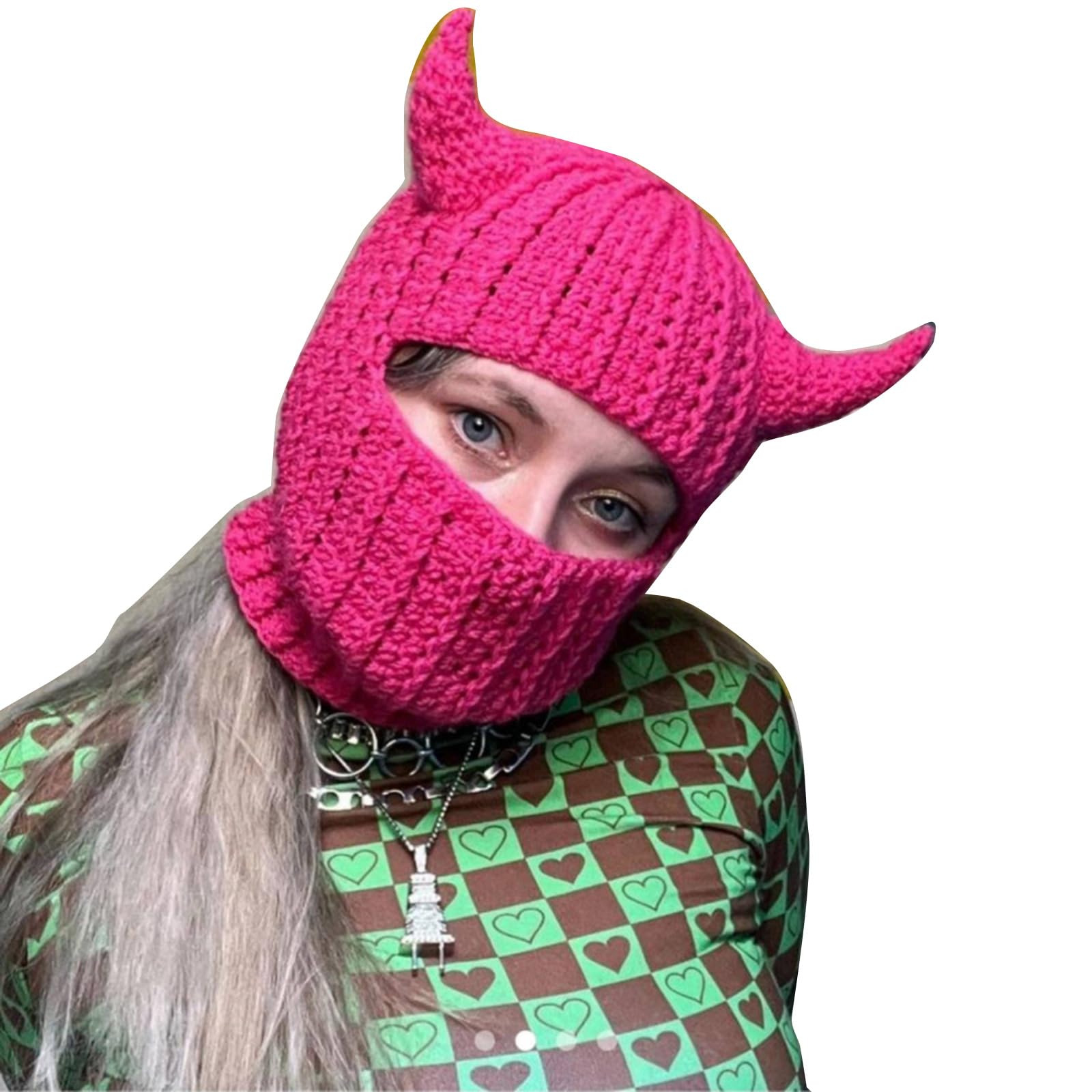 Peiiwdc Wool Funny Horn Balaclava Cap for Women Men Adult Halloween Face Mask Hat Handmade Warm Hooded Hat Rose Red