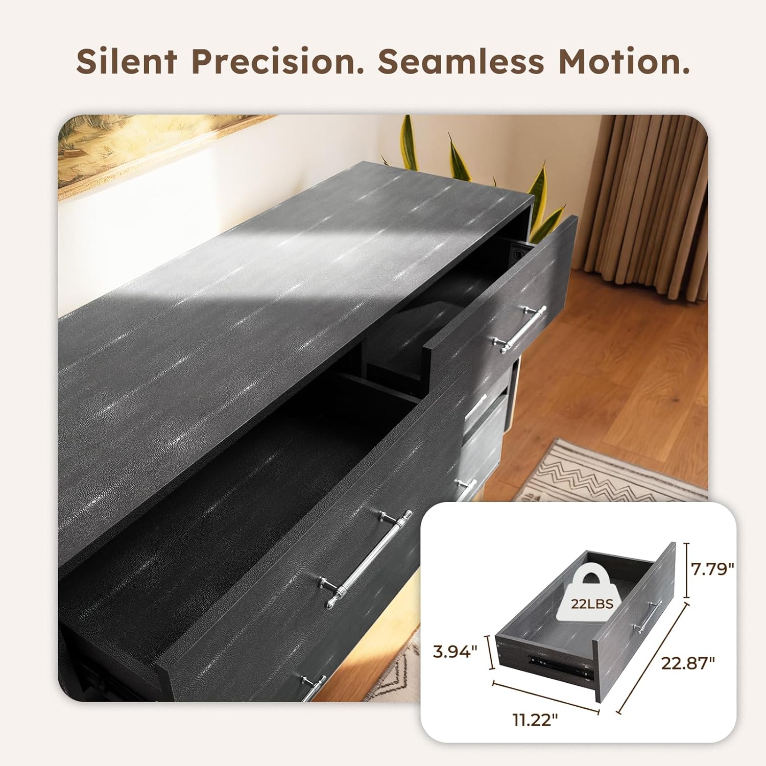 Grey 6 Drawer Dresser for Bedroom, Modern Wood Chest of Drawers with Wide Storage Organizer for Clothes & Living Room, Grey