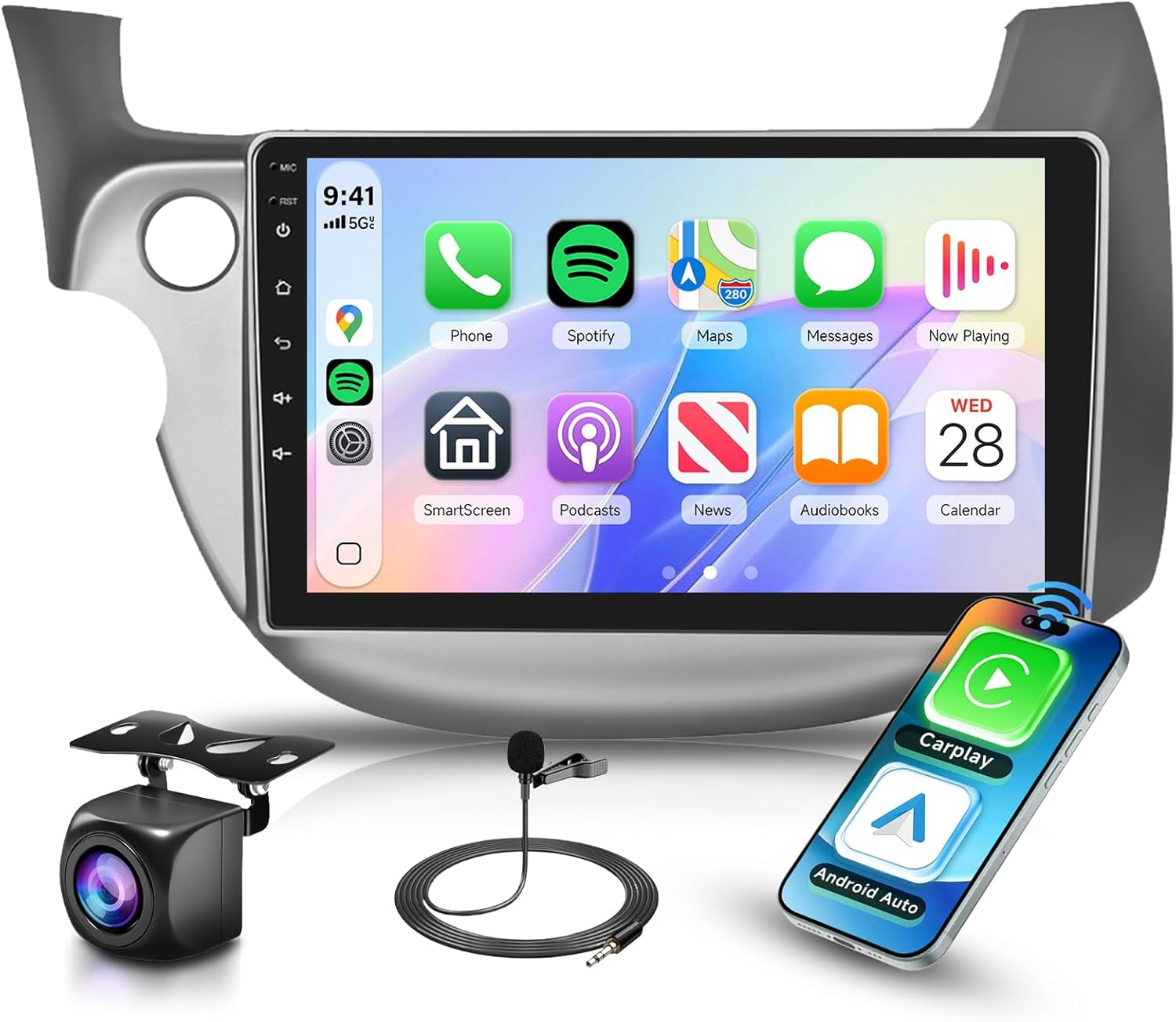 Car Stereo Radio for Honda Fit 2008-2013 Support Wireless Carplay Android Auto 10.1'' HD 1080P Touchscreen with 5Ghz WiFi GPS Navigation EQ AHD Backup Camera FM/RDS Radio SWC 2G+64G