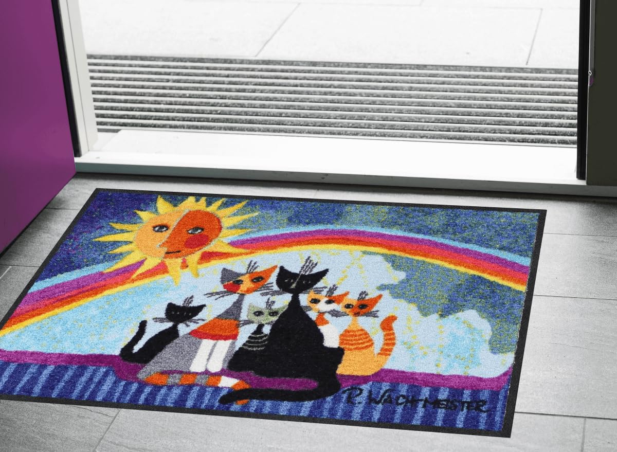 Rosina Wachtmeister Fußmatte Sunny Family 050x075 Fußabtreter außen Hauseingang Schmutzfangmatte Katzen bunt rutschfest waschbar