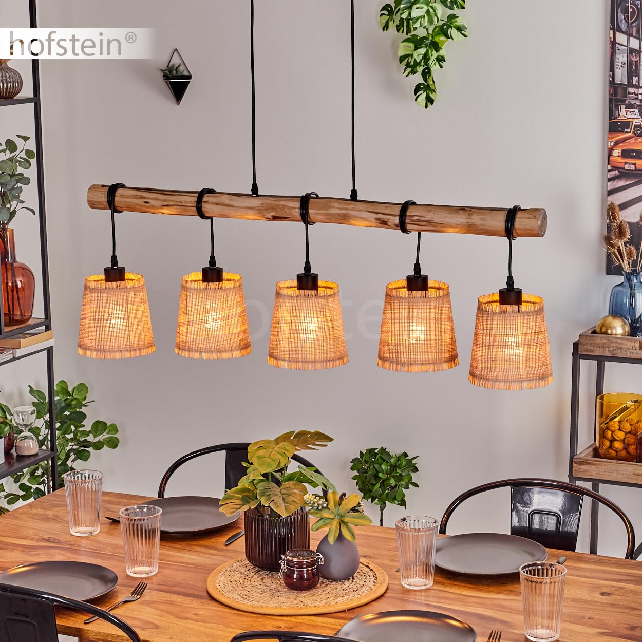 Lámpara colgante Soungou, moderna lámpara colgante de madera/metal/bastón en natural/negro/beige, lámpara colgante de 5 luces de diseño escandinavo, altura máx. 143 cm, 5 x E27, sin bombillas