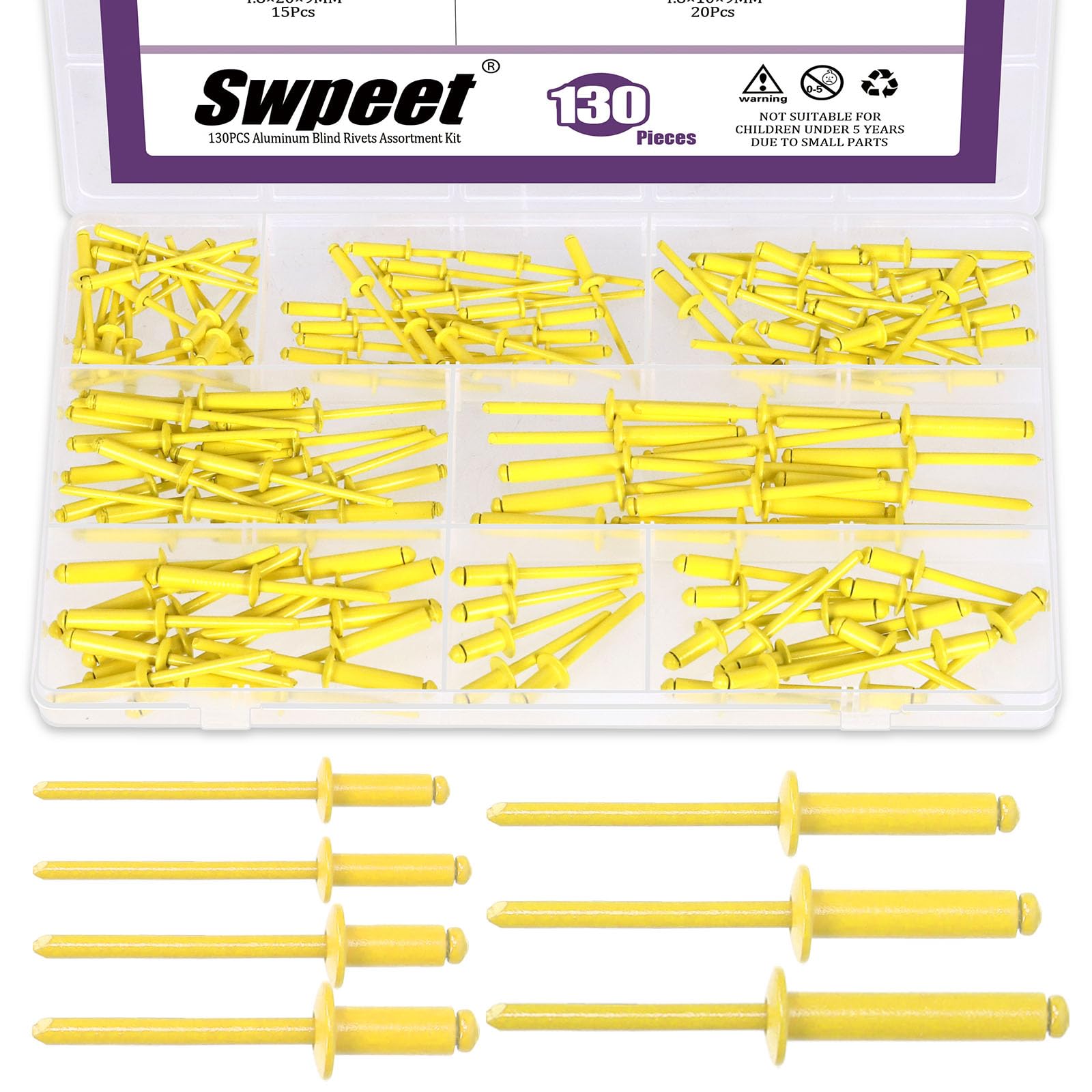 Swpeet 130Pcs 7 Sizes Yellow Large Flange Aluminum Blind Rivets Assortment Kit, Blind Pop Rivets Aluminum Grip and Steel Mandrel Blind Rivets for Metal, Furniture, Automotive