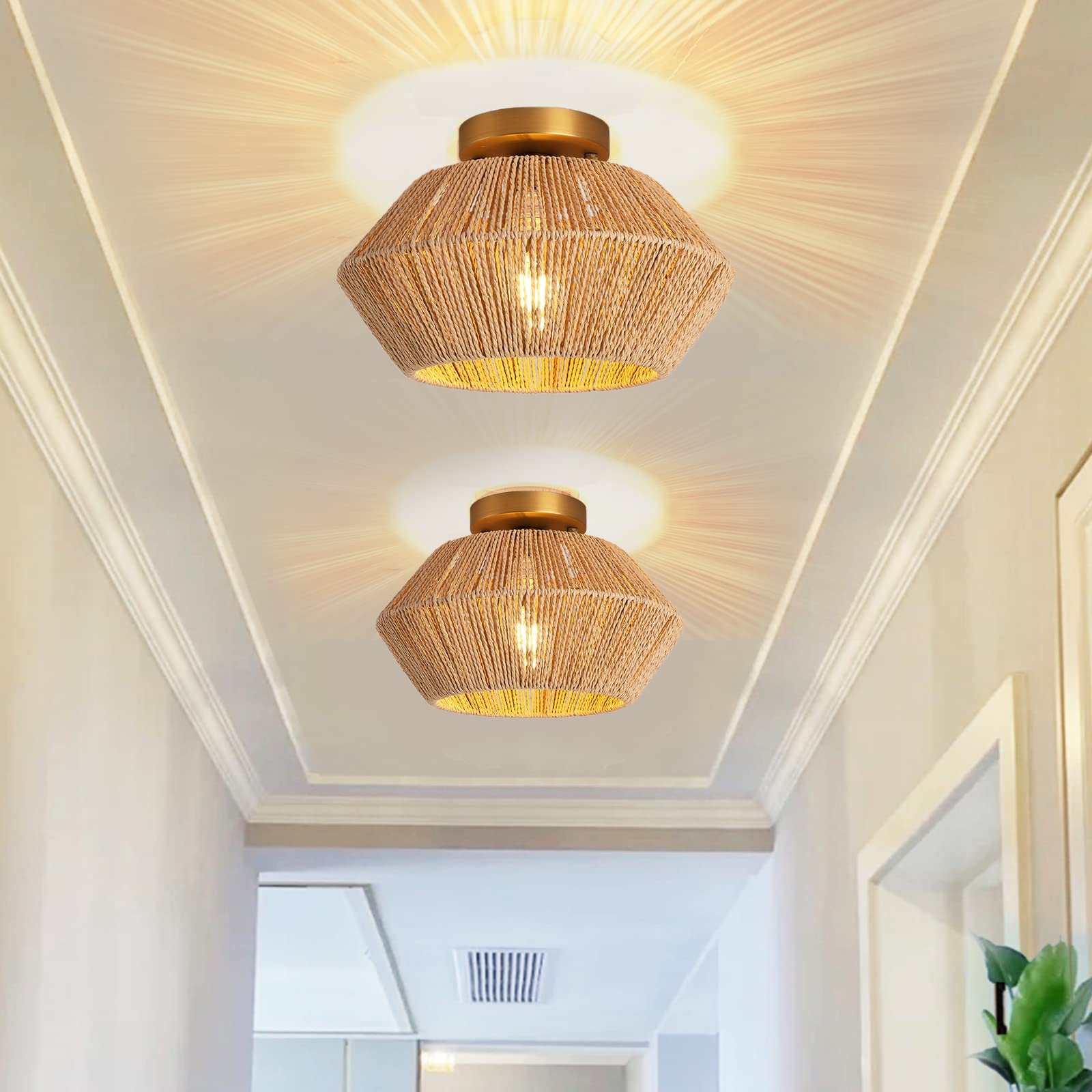 Capslpad Woven Rattan Ceiling Light Fixtures Boho Semi Flush Mount Ceiling Light Hand-Woven Cage Natural Mini Chandelier Retro Light Fixture for Bedroom Hallway Entryway Farmhouse (Antique Brass)