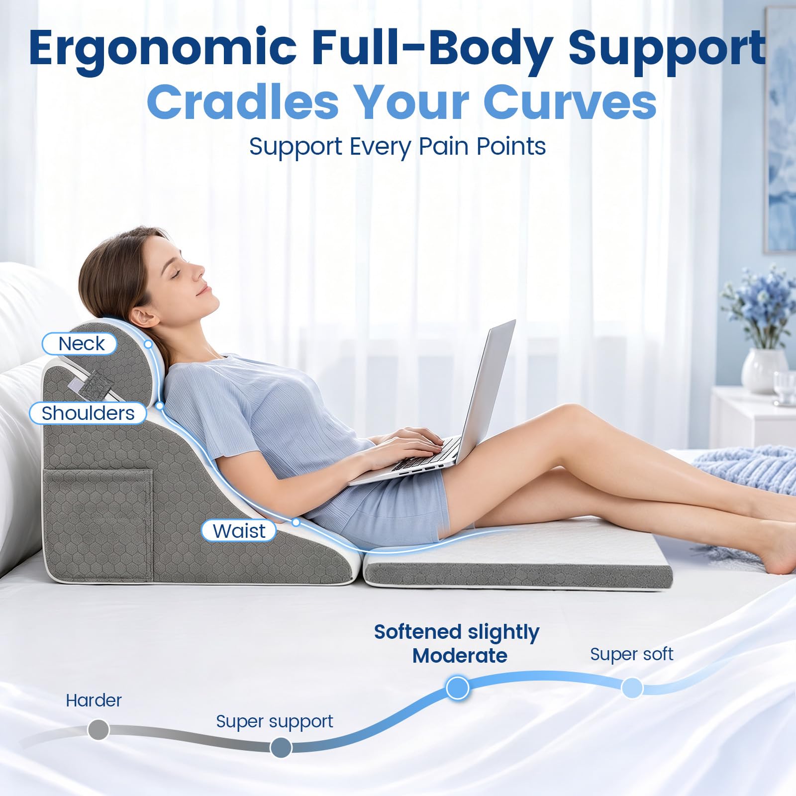Cuscino a cuneo a forma di curva, ergonomico ortopedico per letto e divano, cuscino a cuneo regolabile, in schiuma ad alta densità, cuscino da lettura per sollevare le gambe, perfetto cuscino per la