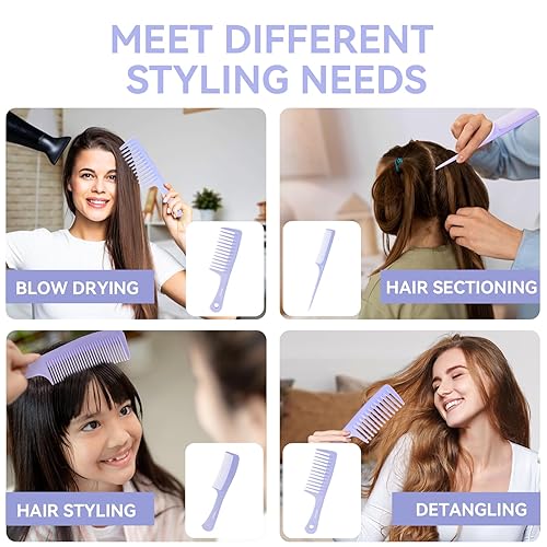 Miniatura 7 de RHOS Juego de peines para todo tipo de cabello y géneros, cola de rata ancha, fina y peines desenredantes medianos para peinar (morado)