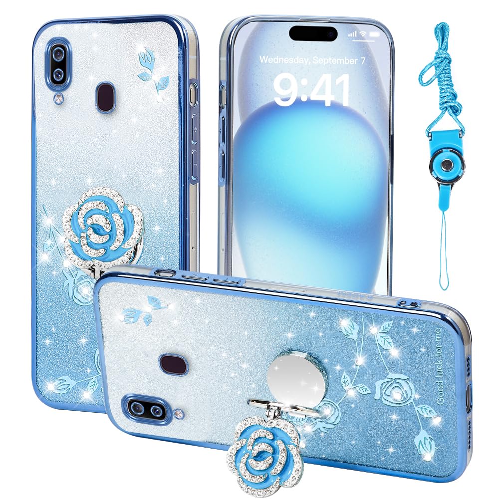 for Samsung Galaxy A10E / A20E Case, Mobile Phone Case for Cute Soft Slim Cover for Girls Women with Ring Stand Strap Lanyard Shockproof Protective Cover for Samsung A20E / A10E (Blue)
