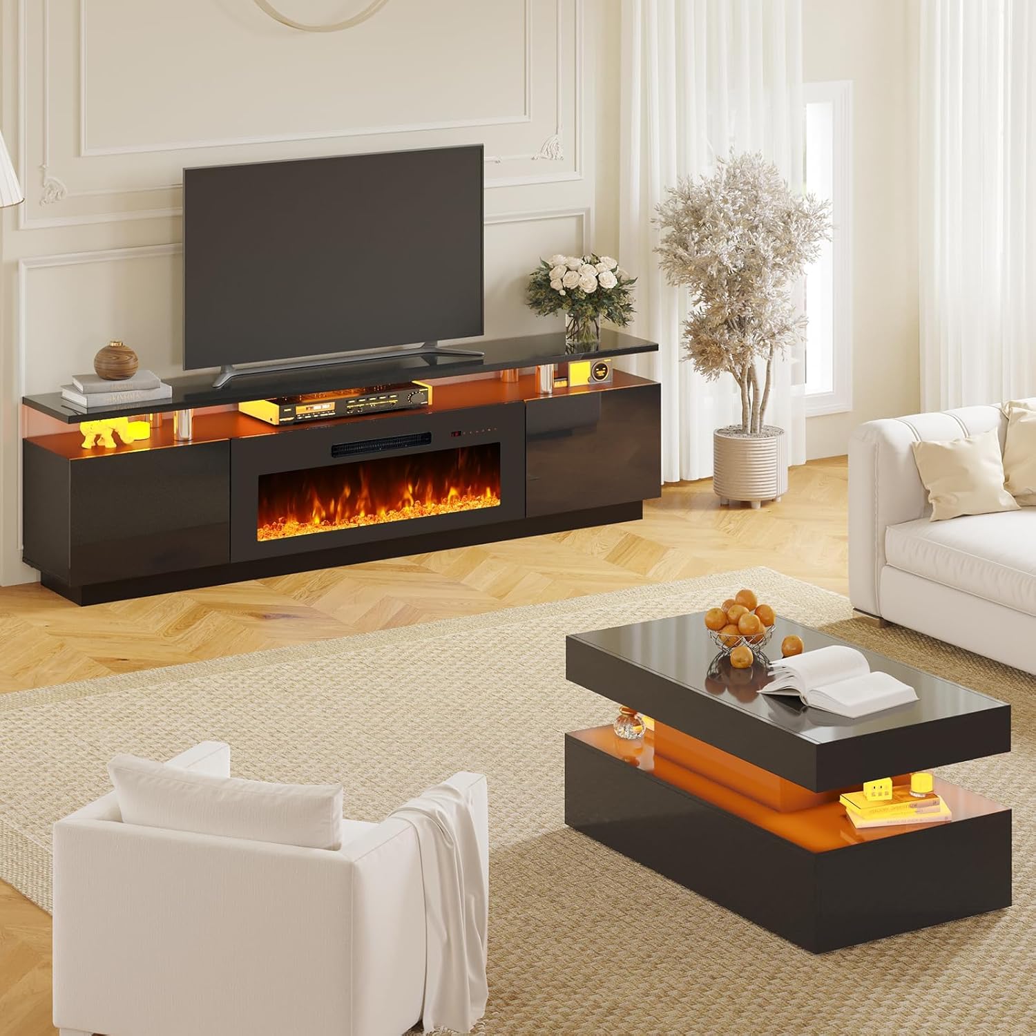 AMERLIFE 3 Piece Modern Living Room Table Set, Includes 80" High Gloss Fireplace TV Stand, 2-Tier Coffee Table, LED Lights Entertainment Center Set for Living Room, Black