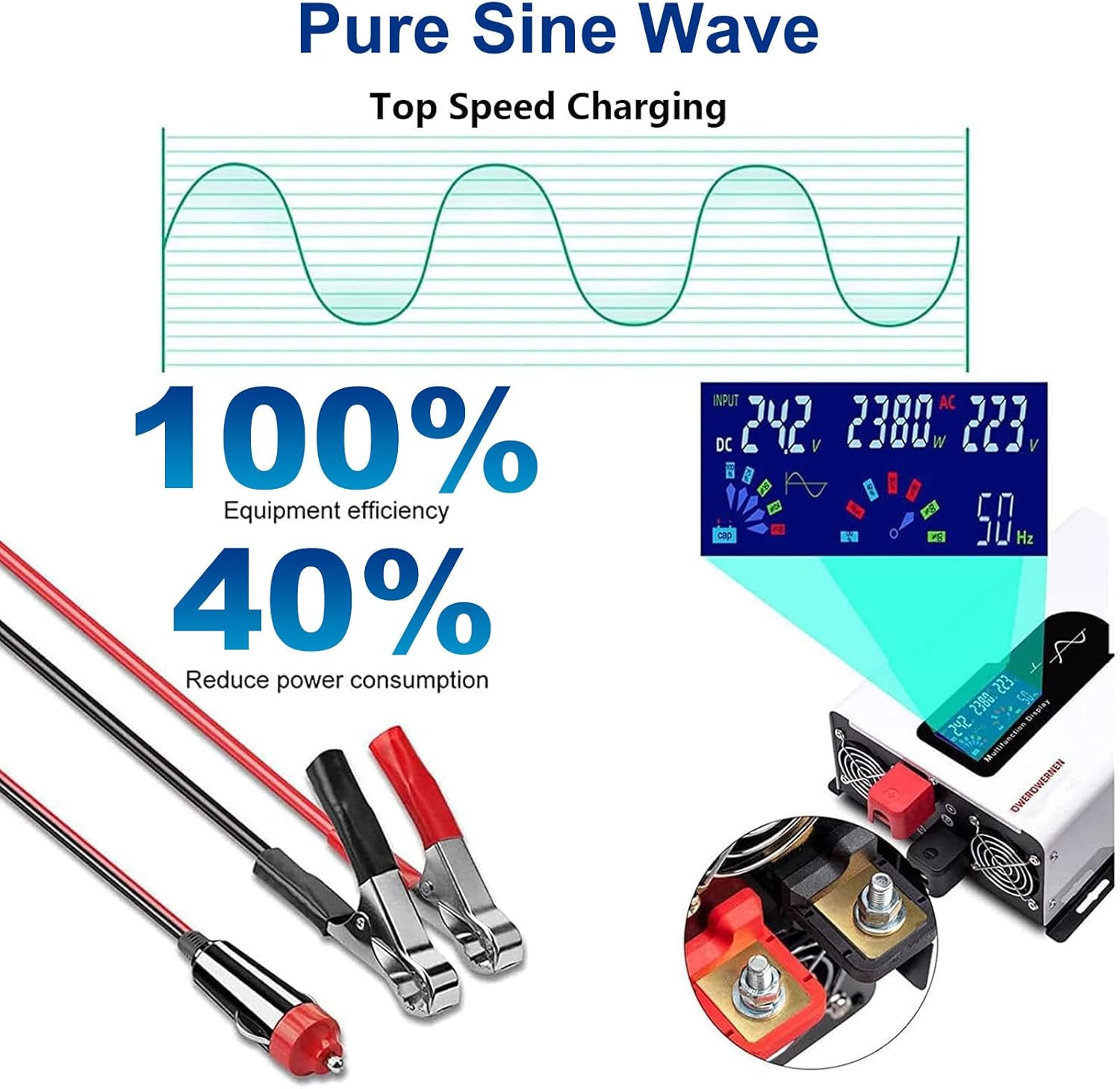12000W Pure Sine Wave Inverter Charger, DC 12V to 110V/120V AC, Solar Power Inverter with 2 AC Outlets, LCD Display & Lithium Battery Compatibility