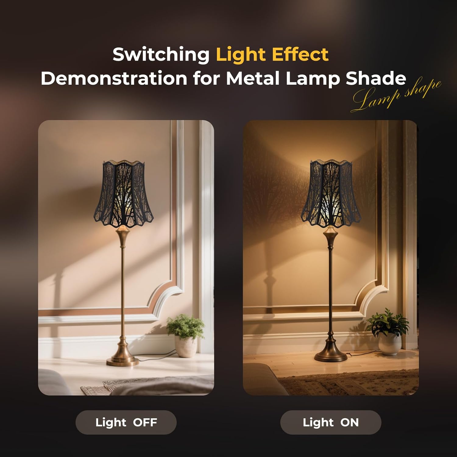 Etched Court Style Metal Lamp Shade, Large Upper and Lower Wave Lampshade with Forest Tree Pattern, 10"Top x 16" Bottom x 14.75" High, lron Cover shade for Table Lamps, Floor Lamps (Black/Gold)