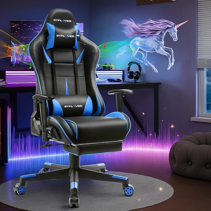 Silla Gamer Ergonómica con Reposapiés y Altavoces Azul miniatura 2