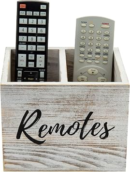 MyGift Remote Control Holder,TV Remote Holder,Wood Remote Caddy for Table,2 Large Compartment,Shabby Whitewashed Solid Wood with Black Cursive Remotes Label
