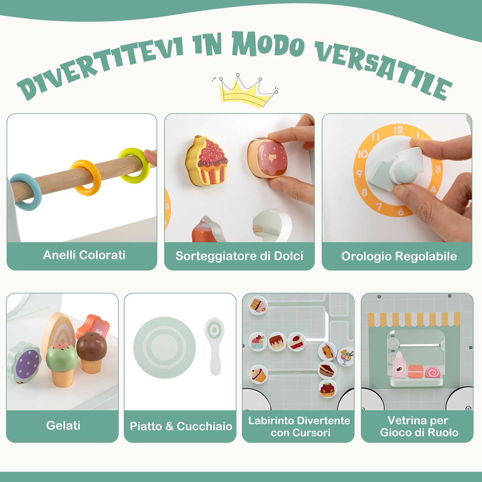 GYMAX Girello per Bambini in Legno 2-in-1, Carrello Primi Passidei Gelati con Accessori Interattivi e Ruote Antiscivolo, Cucina Giocattolo Montessori con Ruote, per Bambino 1 Anno + (Verde-1)