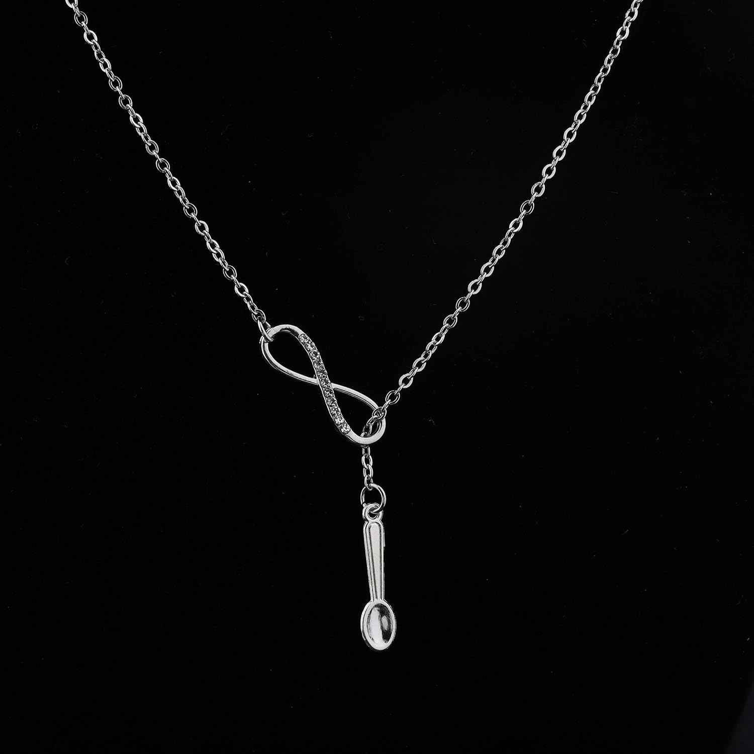 BEKECH Spoon Necklace Infinity and Spoon Pendant Lariat Y Necklace Spoon Theory Jewelry Chronic Illness Jewelry Spoonie Gift
