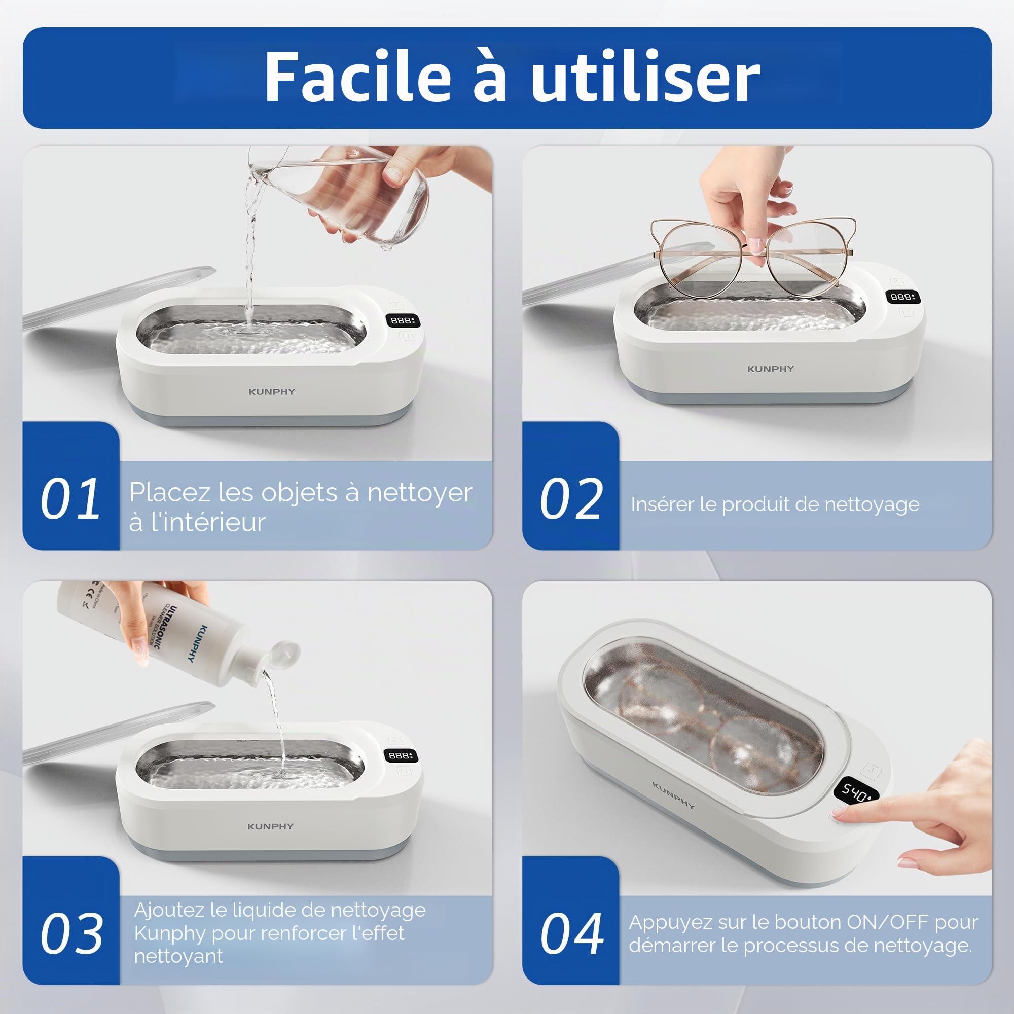 Kunphy Nettoyeur ultrasons, 48000 Hz Nettoyeur à Ultrasons 350 ML avec minuterie numérique, Ultrasonic Cleaner pour lunettes, bijoux, attelles dentaires, pièces de monnaie