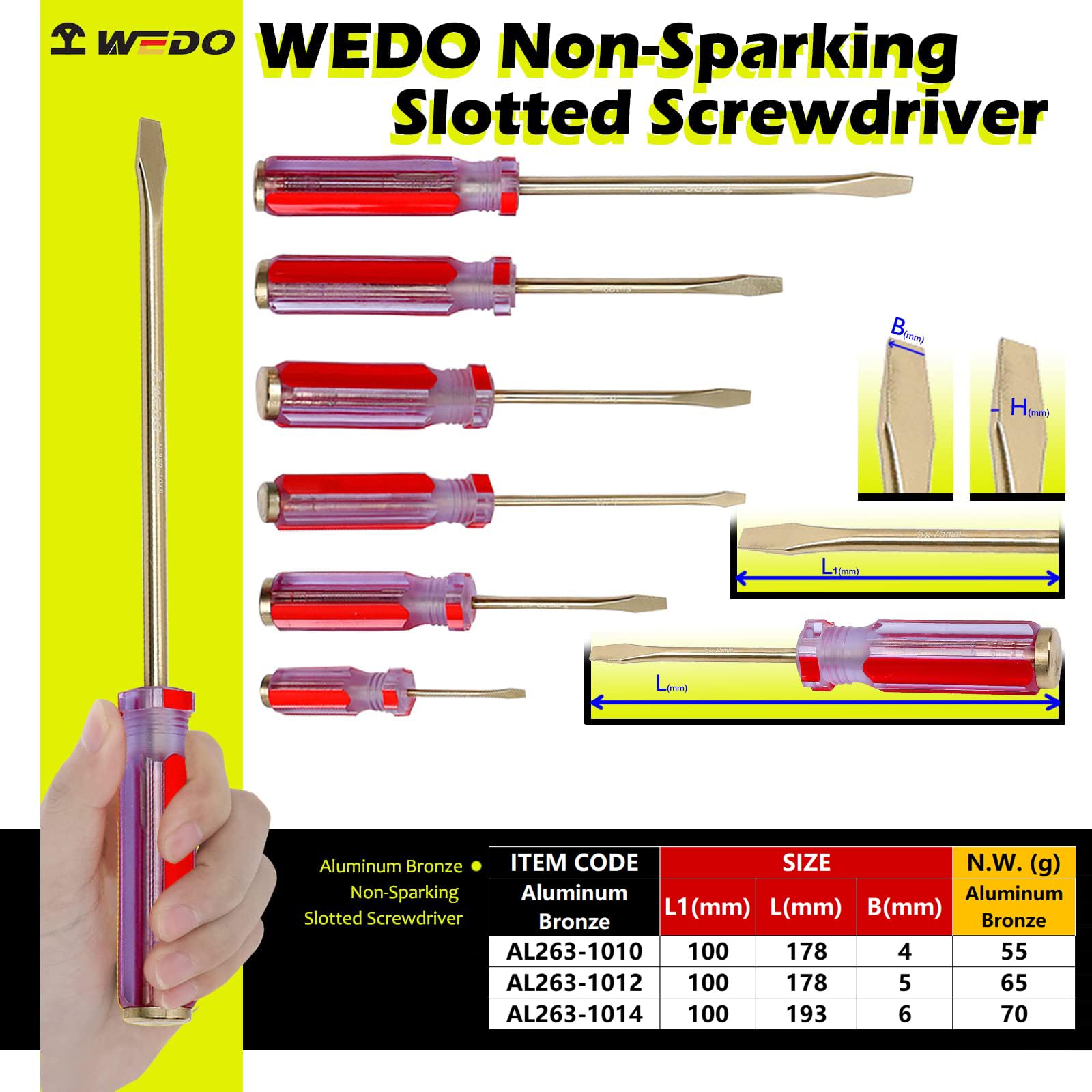 WEDO Zestaw wkrętaków 3 szt., nasadka płaska, nieiskrzący zestaw śrubokrętów szczelinowych, aluminiowy brąz, lekki magnetyczny, końcówka 4, 5, 6 mm, ergonomiczny uchwyt, kute, certyfikat BAM i FM