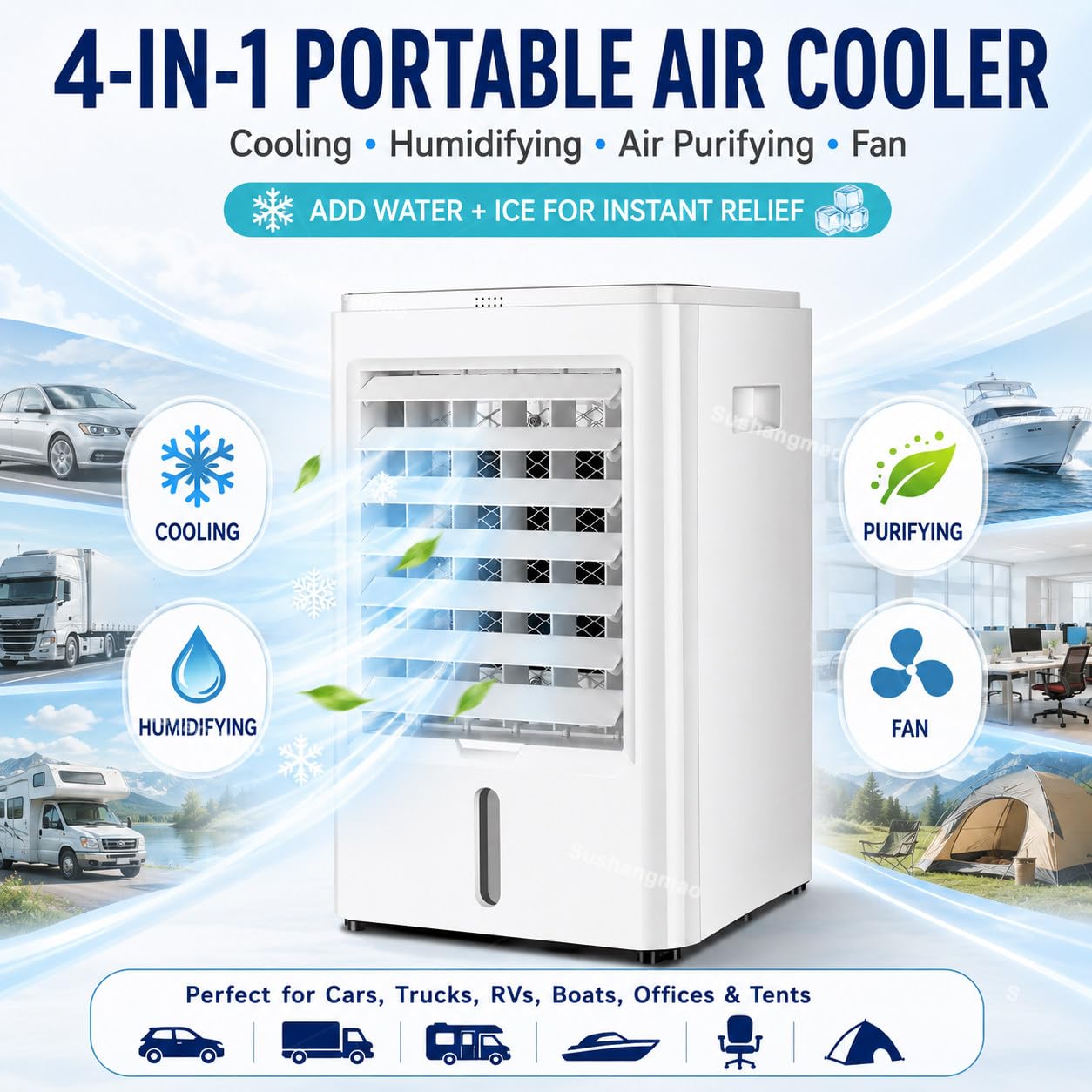 Raffrescatore d’Aria Portatile 4 in 1 per Auto, Raffrescatore Evaporativo 12V/24V con Serbatoio da 4L, 3 velocità, Telecomando, Timer, Ventilatore Oscillante per Camper 12V