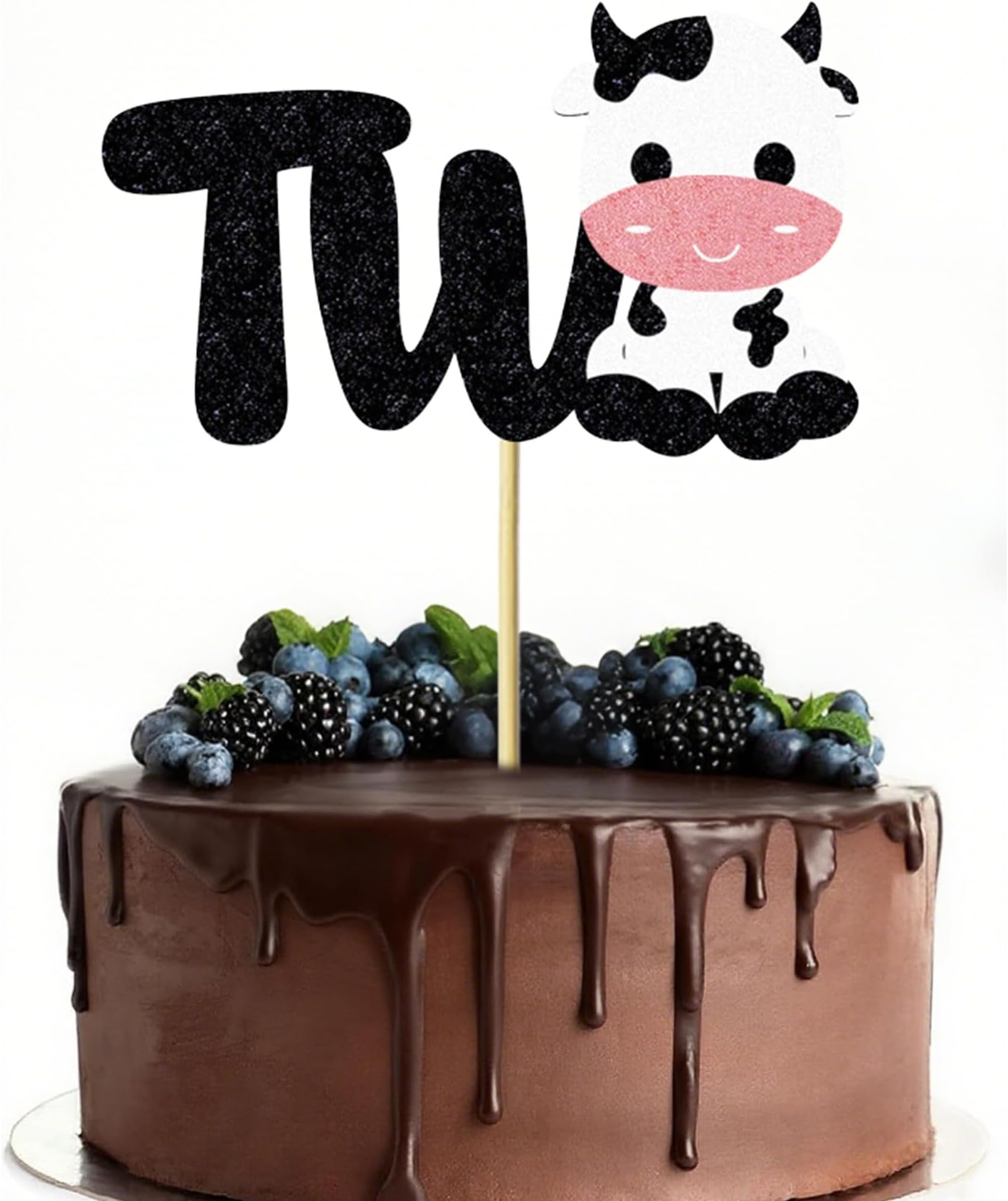 Black Glitter "two" Cake Topper, Cow Theme Cake Decoration, Suitable Cake Decor for 2nd Birthdays & 2nd Anniversaries