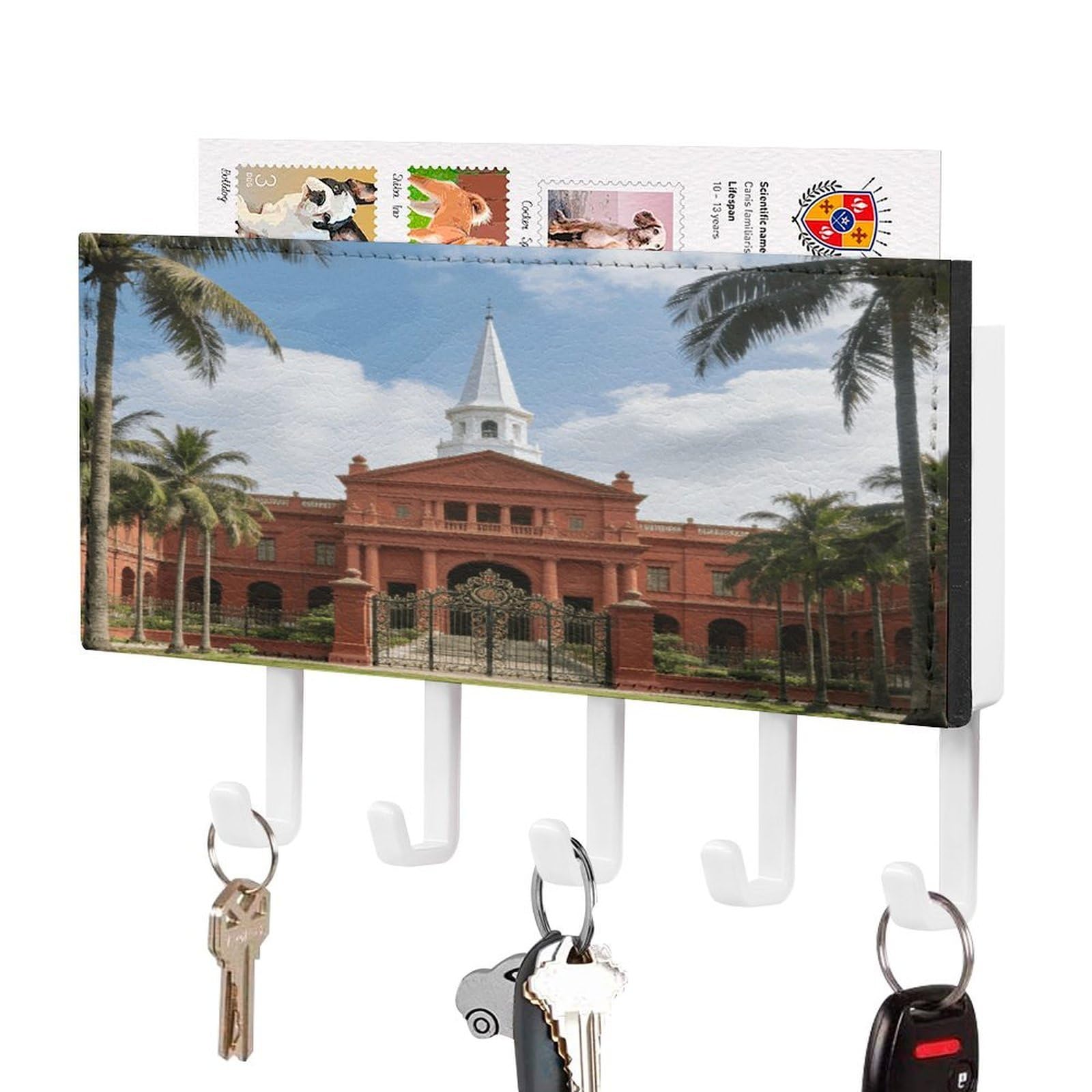 Fekiloot White-Style Istana Key Holder Wall Mount Key And Mail Holder Key Hanger With 5 Hooks Decorative Pu Key Rack Hanging Key Hooks For Wall Living Room Kitchen Bathroom Hallway