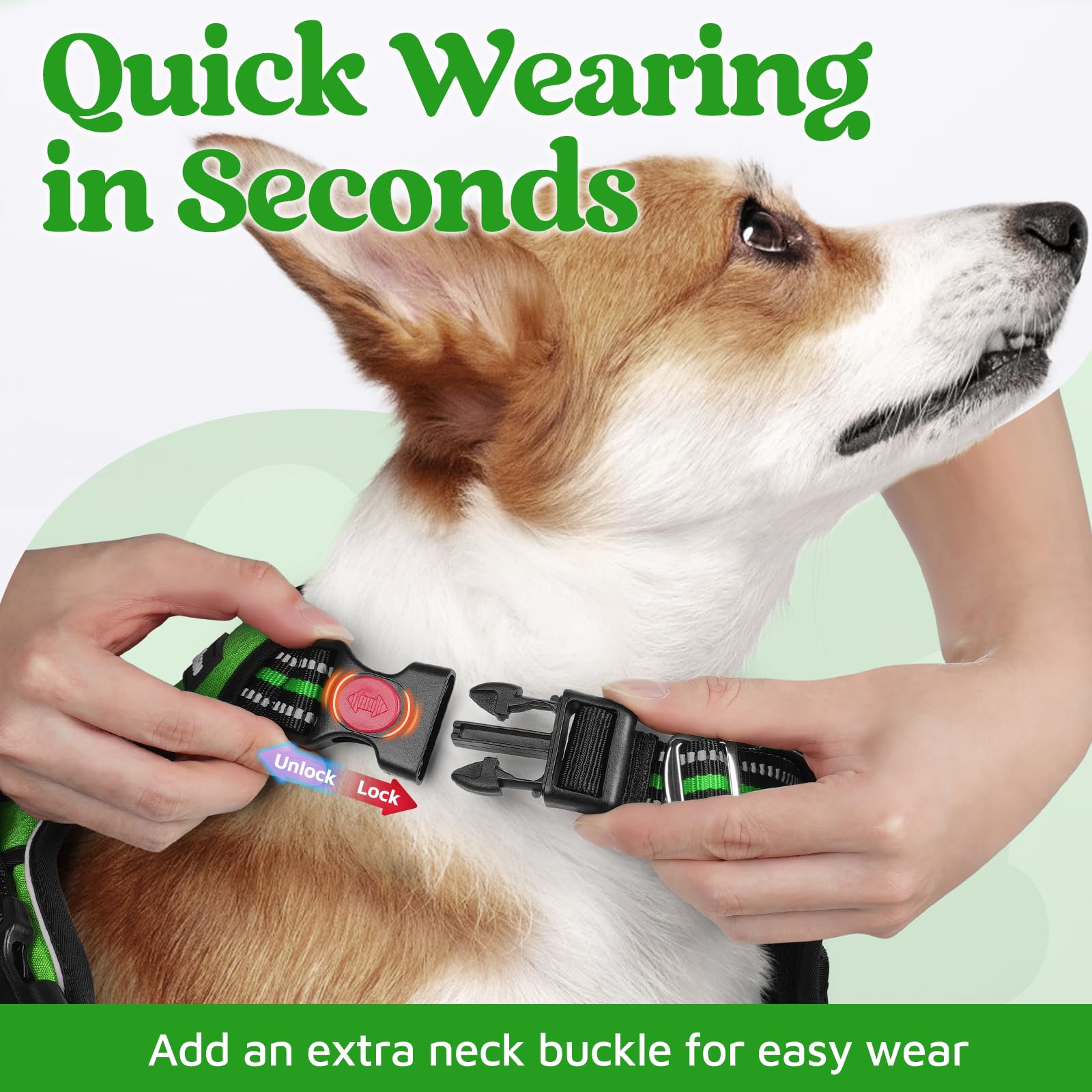 rabbitgoo Harnais pour chien de petite taille, anti-traction avec 3 boucles, harnais rembourré doux réglable avec poignée de contrôle facile et bandes réfléchissantes, vert, taille S