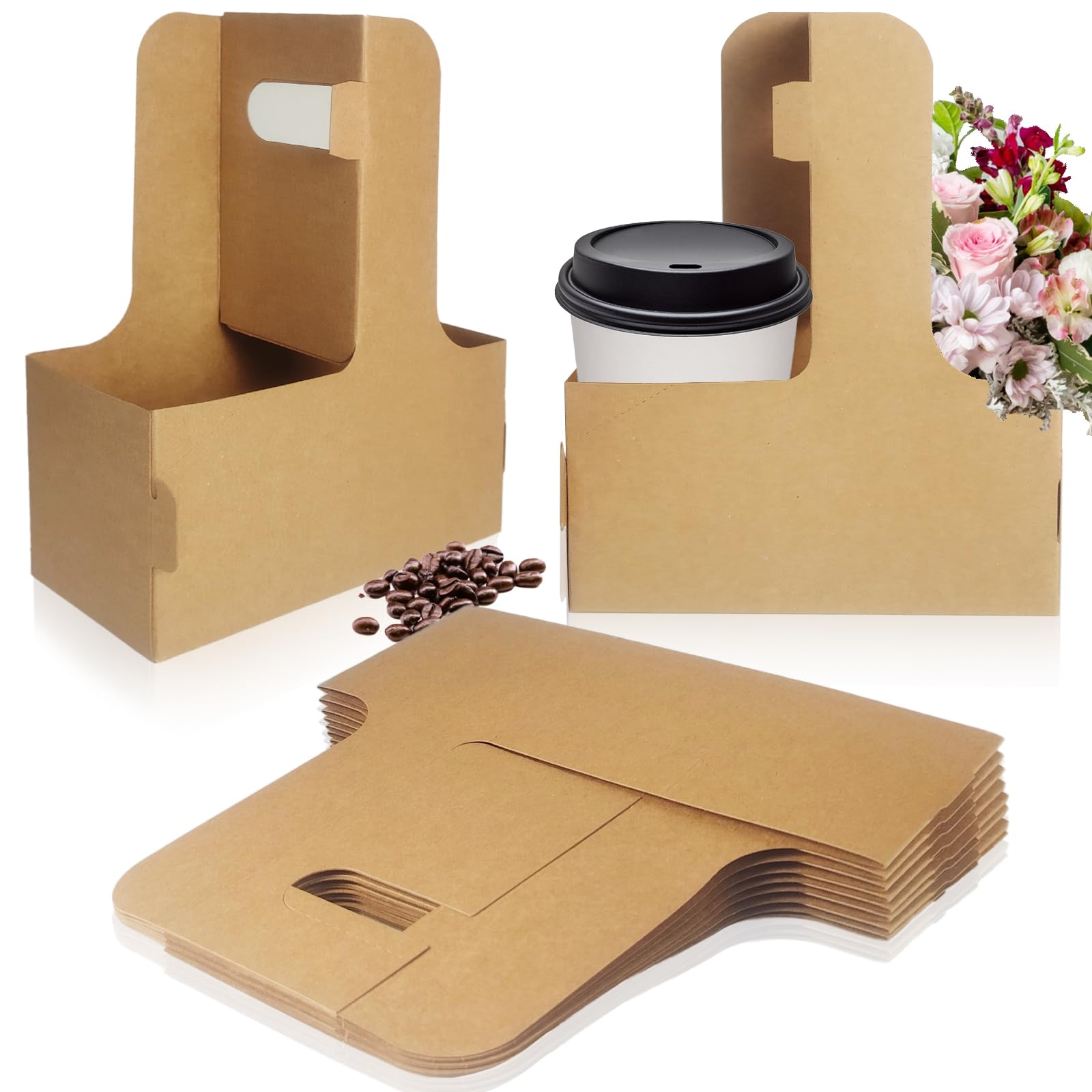 Lalvam 2 Cup Drink Carrier with Handle, 8 Pcs Kraft Cardboard Cup Holders, Disposable Cup Carriers for Drinks Coffee or Food Delivery, Take Out Cup Carriers (Brown, 8 Pcs)