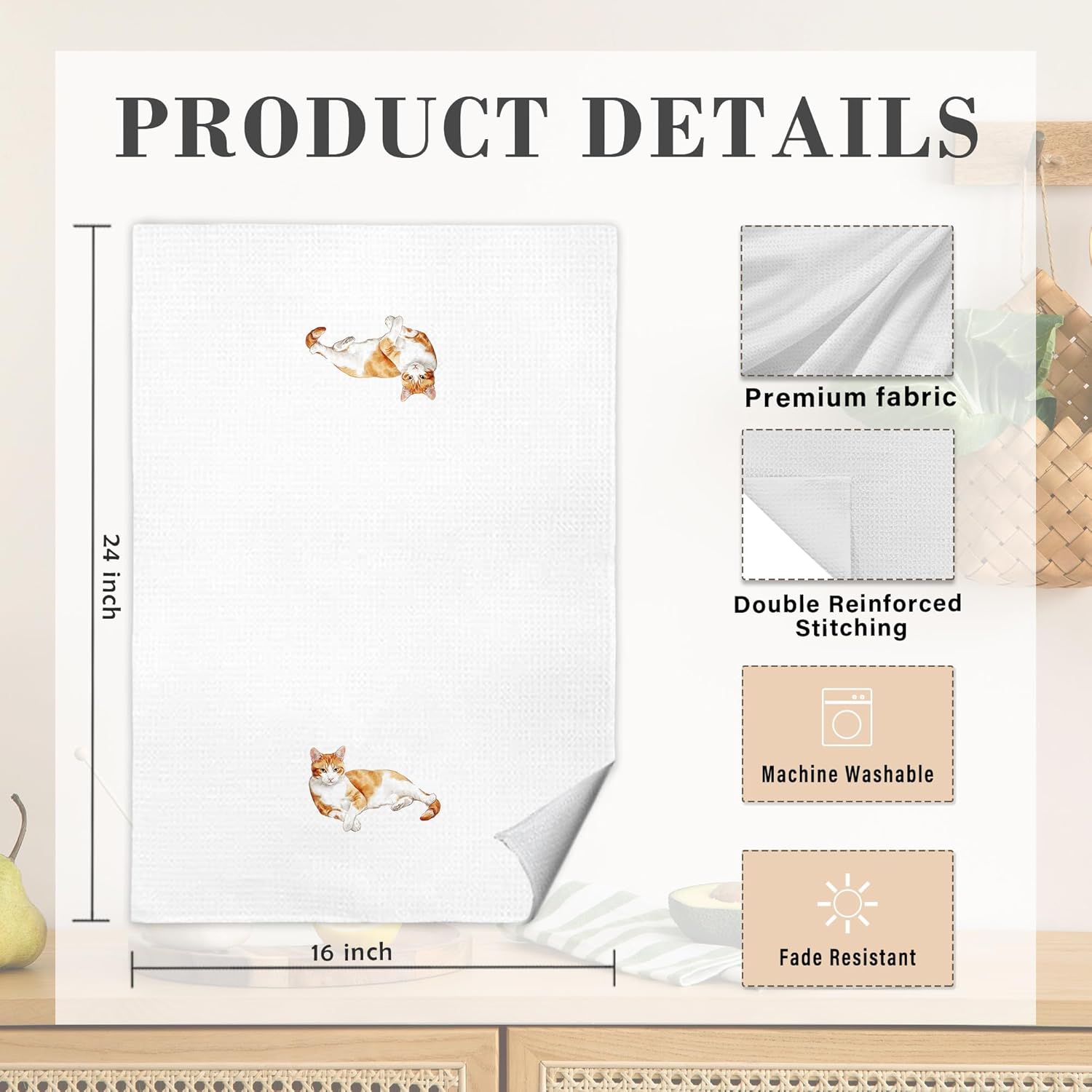 Orange Cat Gifts Kitchen Dish Towels, Orange Tabby Cat Gifts, Cats Mom Lady Gift, Cute Kitten Decorative Hand Tea Towels for Bathroom, 16x24 Inch Set of 2 - Image 7