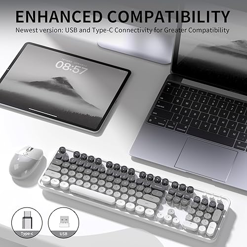 Miniatura 7 de Teclado y mouse inalámbricos cremosos, MOFII 104 teclas redondas máquina de escribir retro con OTG y cepillo, tamaño completo, ergonómico, ideal
