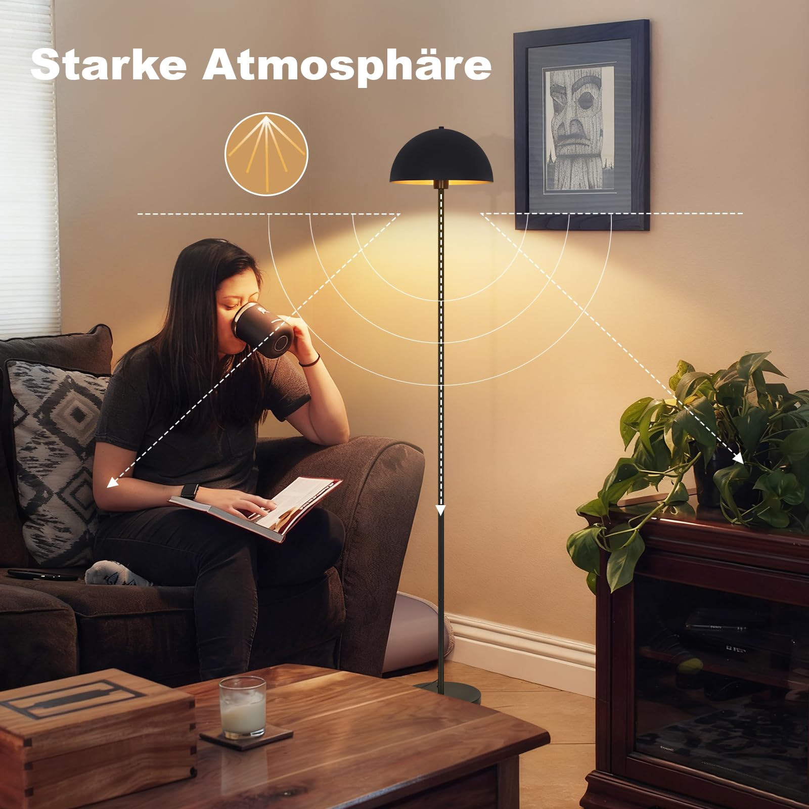 ZMH Stehlampe Bodenlampe für Wohnzimmer, Metall Stehleuchte modern 170 cm, | Lampenschirm Ø30 cm, E27 Fassung max. 40W, IP20 Innenleuchte, Schlafzimmer Leseecke, Schwarz Gold, ohne Leuchtmittel