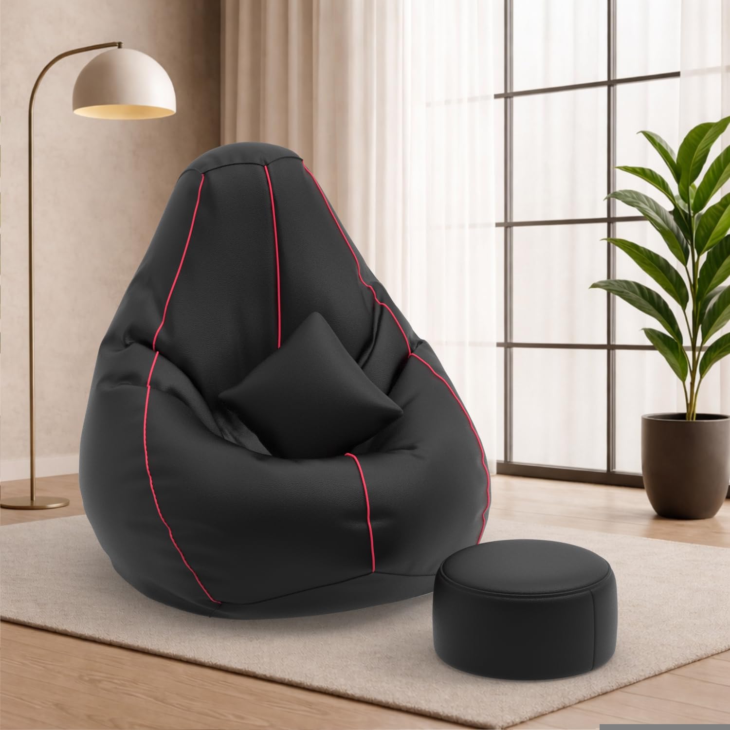 Biggie Bean Bag with Beans Filled 4XL Bean Bag with Free Cushion and Footrest - Official : BeanPipingStyle Combo (Matching Color : Piping Bean Bags, Black Pink)