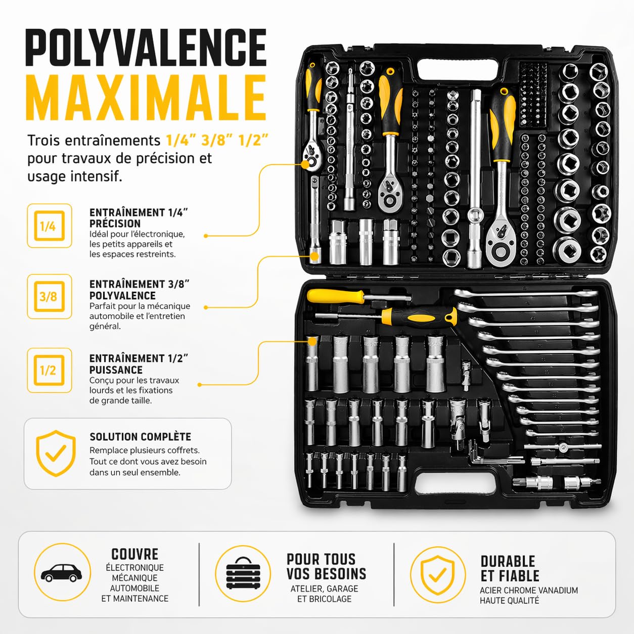 TOPEX Coffret Clés à Douilles 219 Pièces Jeu Complet 1/2 3/8 1/4 Acier CrV Cliquets Douilles Embouts E TORX Rallonges Adaptateurs Clés Mixtes avec Mallette 38D853