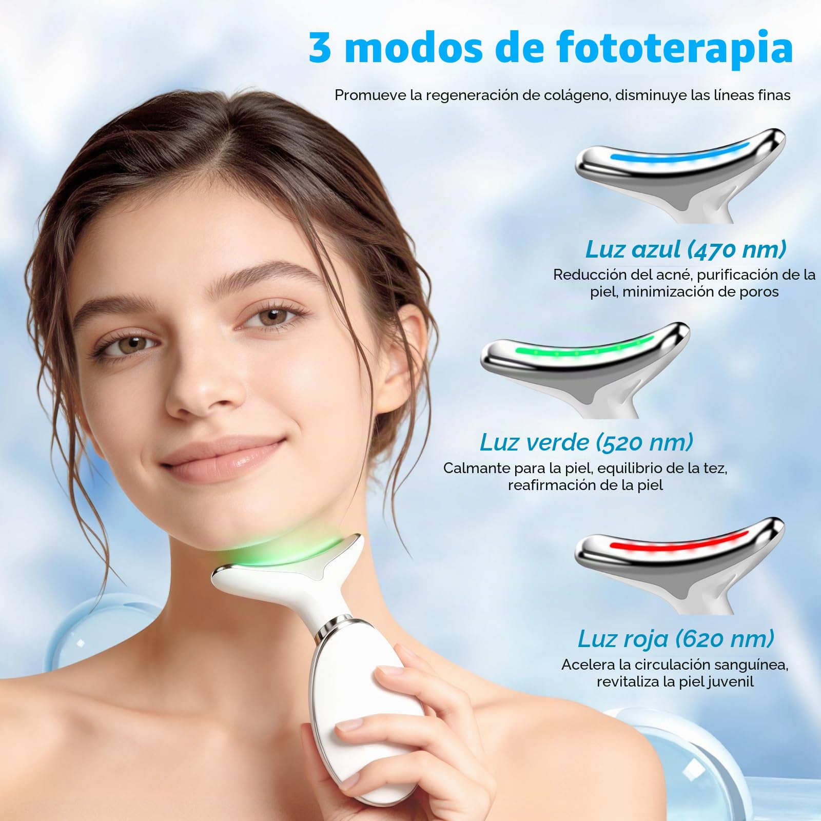 Masajeador Facial Eléctrico con Radiofrecuencia y 7 Luces LED, Calentable 45°C para Papada y Cuello, Guasha Antiarrugas Reafirmante