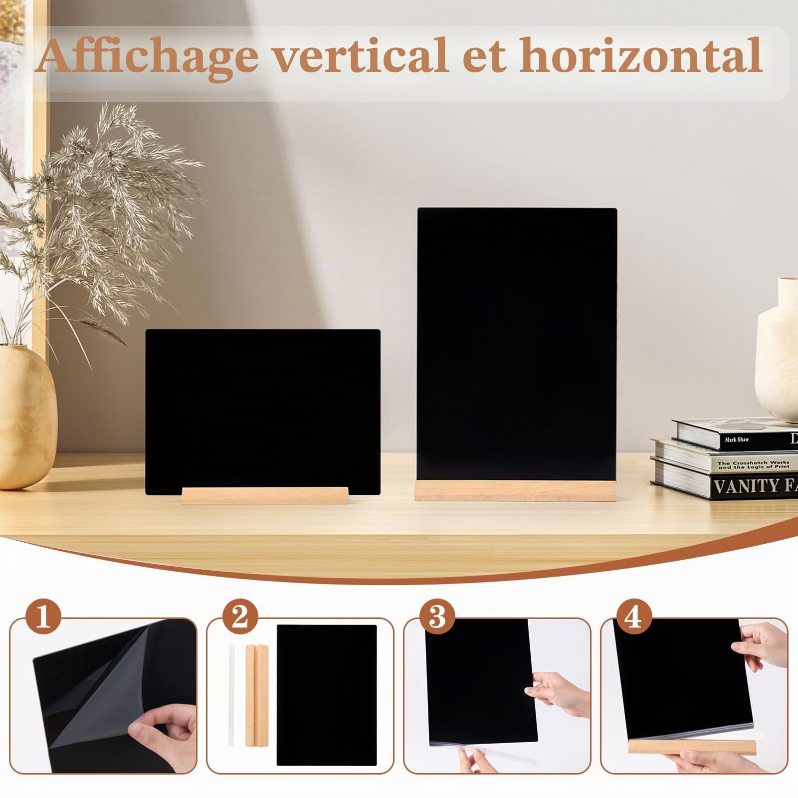 Tableau Noir A4, 2 Pièces Mini Tableaux Noirs avec Supports en Bois, Double Face Ardoise Craie Signes, Étiquettes de Prix en acrylique pour Menus Mariage Bar Café