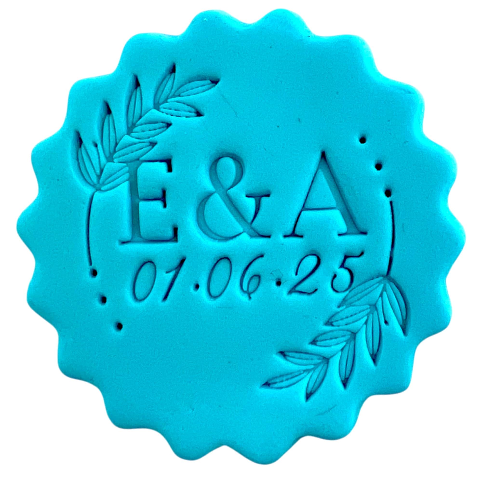 Personalised Cookie Stamp with Free Scallop Cutter, Wedding Couple Initials with Date, 5cm Acrylic Biscuit Embosser, Food-Safe Plastic Baking Tool, Fits M&S All Butter Biscuits (Design 3)