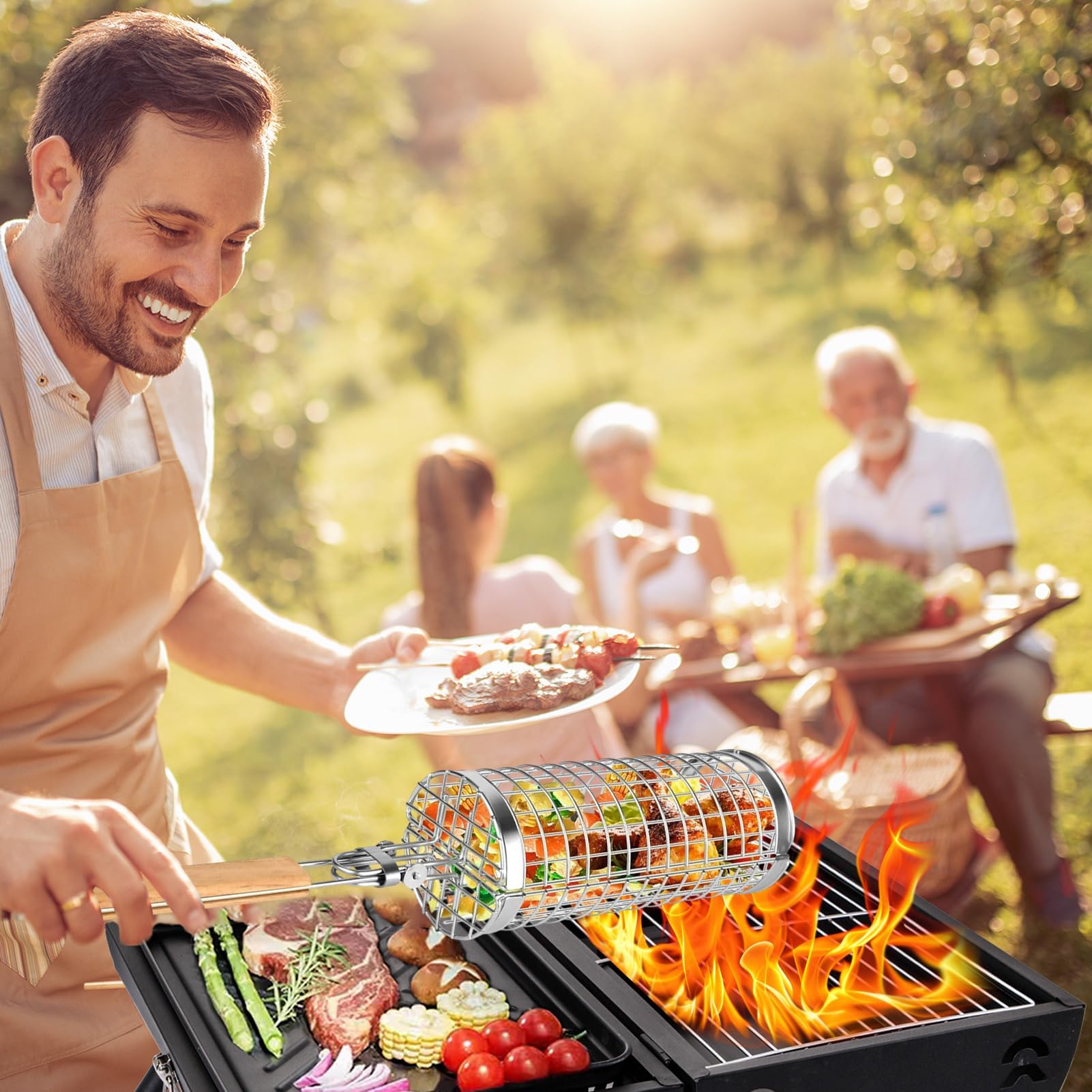 Kosze grillowe ze stali nierdzewnej, narzędzia do grillowania na świeżym powietrzu z drewnianym uchwytem, idealne na kemping, do grillowania