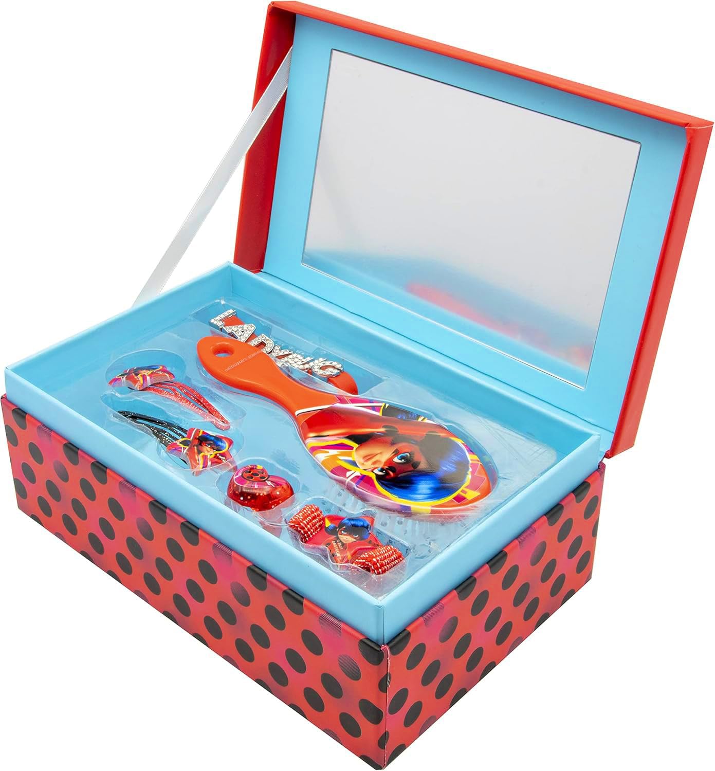 Joytoy Miraculous szkatułka na biżuterię z akcesoriami: 2 spinki do włosów, 1 pierścień, 1 uchwyt na warkocz, 1 bransoletka, 1 szczotka do włosów 18 x 11,5 x 7 cm