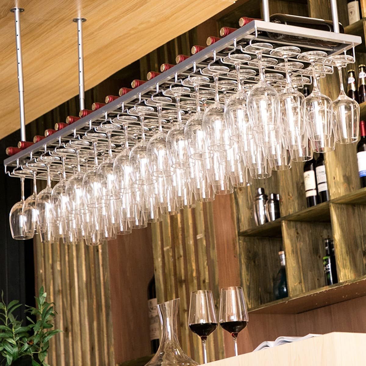 Industrial Vintage Ceiling Wine Glass Rack Retro Metal Hanging Stemware Holder Upside Down Goblet Silver Finish 120x30cm Perfect for Home Bar and Kitchen