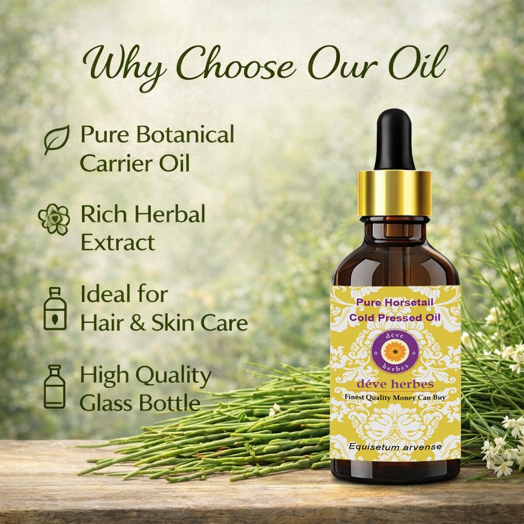 Deve Herbes Horsetail Oil (Equisetum arvense) with Glass Dropper | Cold Pressed | Pure | for Diluting Essential Oils | Hair, Skin & Massage | Non-Sticky | Lightweight | Unisex | 100ml (3.38 oz)