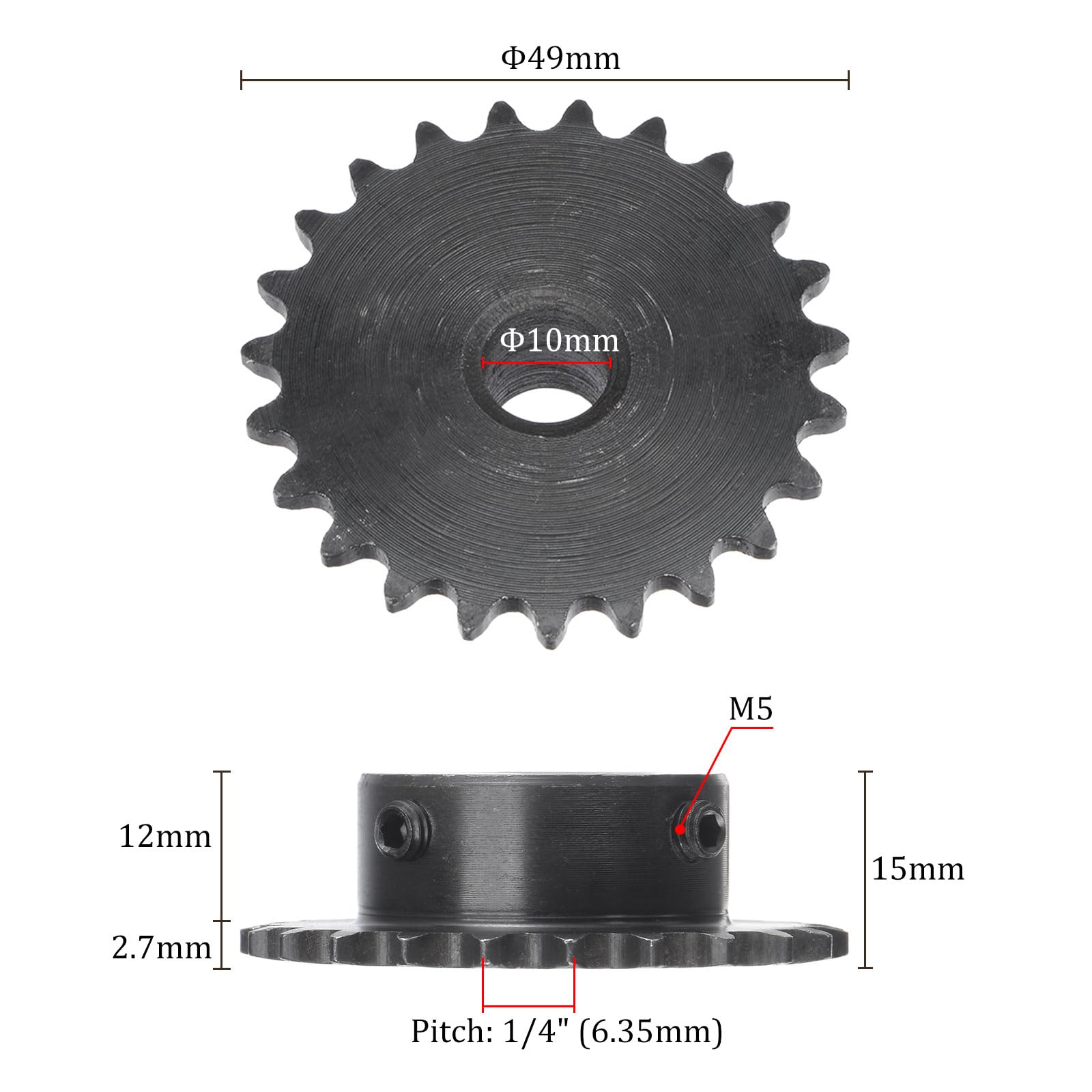 Kozelo Roller Sprocket B Type - [23 Tooth x 10mm ID] Carbon Steel with 2pcs Screw Chain Sprocket for Milling Drilling Machines ISO 04C Use | 1/4 Inch Pitch, 25 Chain