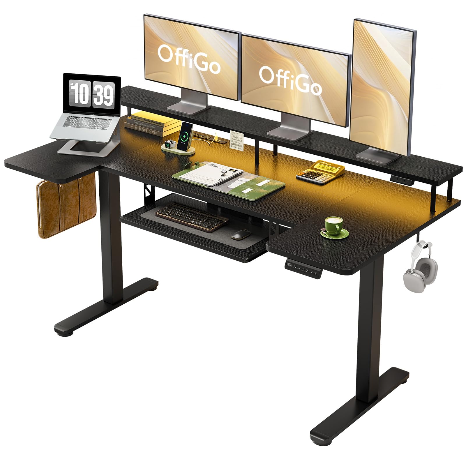 OffiGo 63 Inch U Shaped Electric Standing Desk with Keyboard Tray, Black